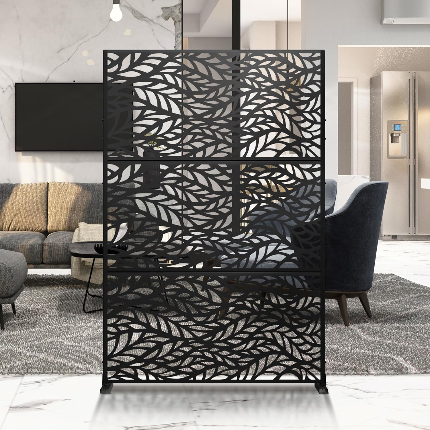 Metal Privacy Screen Outdoor 72" H×47" W,Freestanding Decorative Privacy Screen for Balcony Yard&Garden,Privacy Fence-Black&Louvered