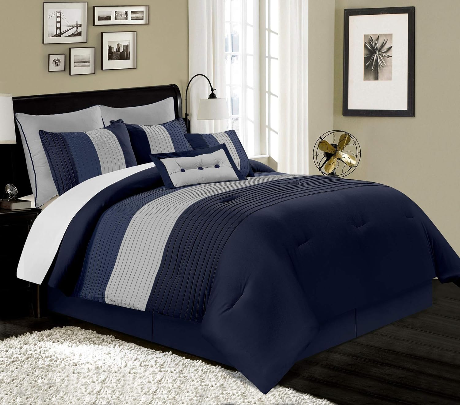 Chezmoi Collection Loft 8-Piece Luxury Striped Comforter Set (Queen, Black/Gray/White)