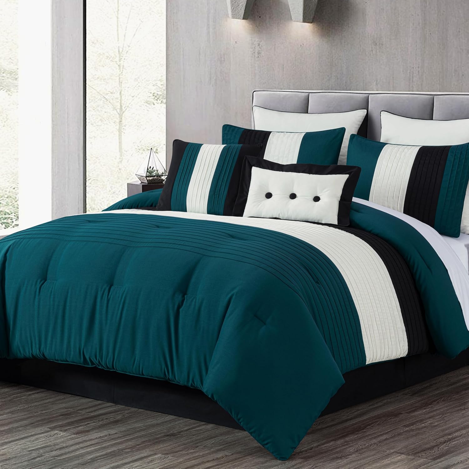 Chezmoi Collection Loft 8-Piece Luxury Striped Comforter Set (Queen, Black/Gray/White)