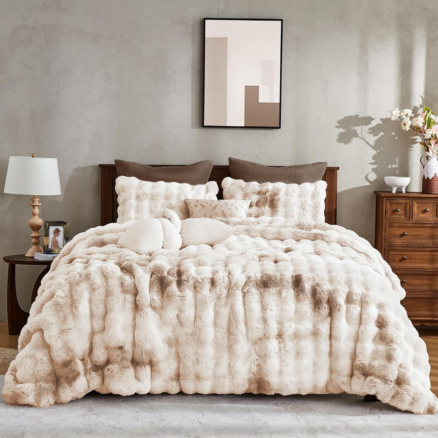Wonderful 3 Pieces Fluffy Faux Rabbit Fur Bubble Comforter Set Queen Size, Tie-Dyeing Multiple Grey Plush Fuzzy Bedding Set, Warm Soft Bubble Comforter Bedding Set for Winter