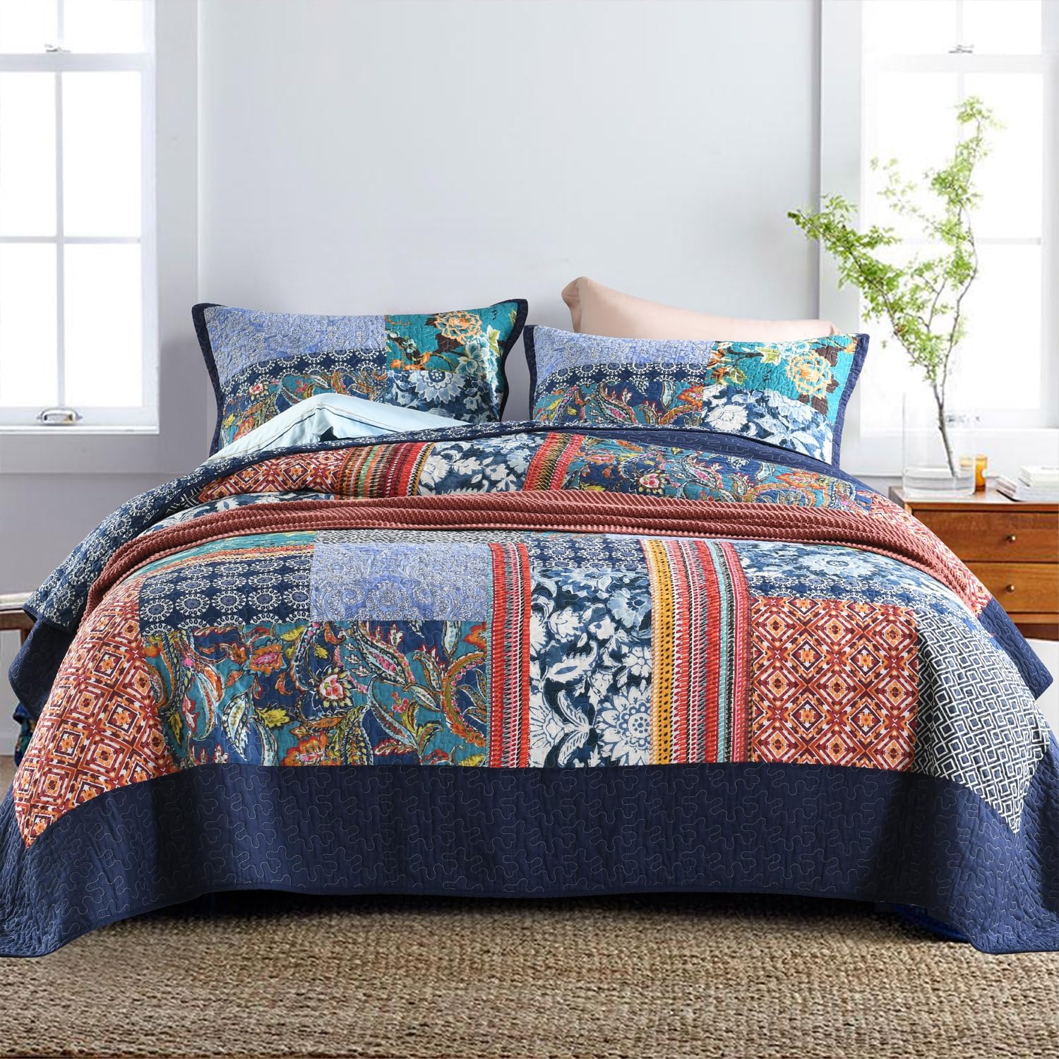 Secgo Queen Comforter Set for Bed - 100% Cotton Quilts Queen Size, Green, Sage Bedspreads (90 * 98 Inch) with 2 Pillow Shams, Patchwork Reversible Lightweight Bedding