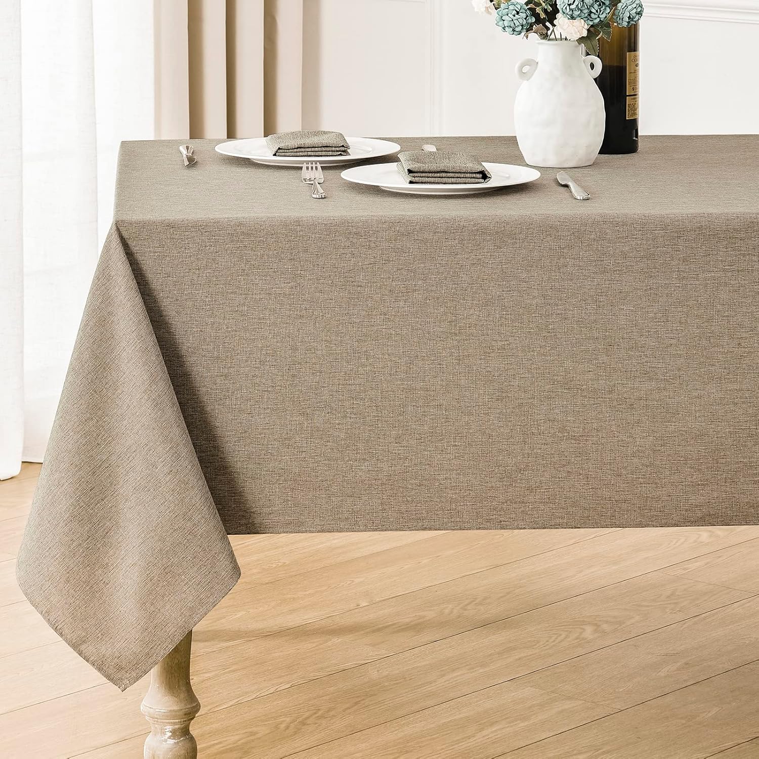 2 Pack Rectangle Tablecloth, 60x120 inch, Water Resistant Wrinkle Free Linen Textured Table Cloth Washable, Decorative Fabric Table Cover for Dining, Party and Camping, Beige