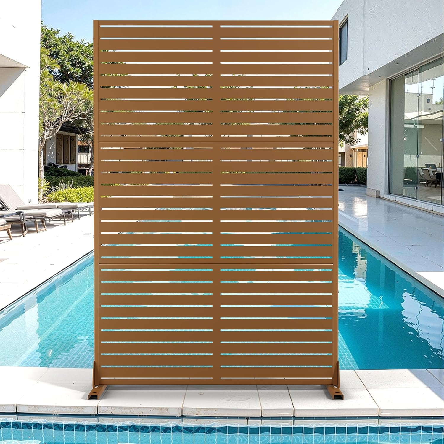 Metal Privacy Screen for Outdoor & Indoor Use, Free Standing Privacy Screen for Patio Garden Pool, 72" H x 47" W Decoative Privacy Panels, Weather Resistant, Easy Assembly (Oak Grain)