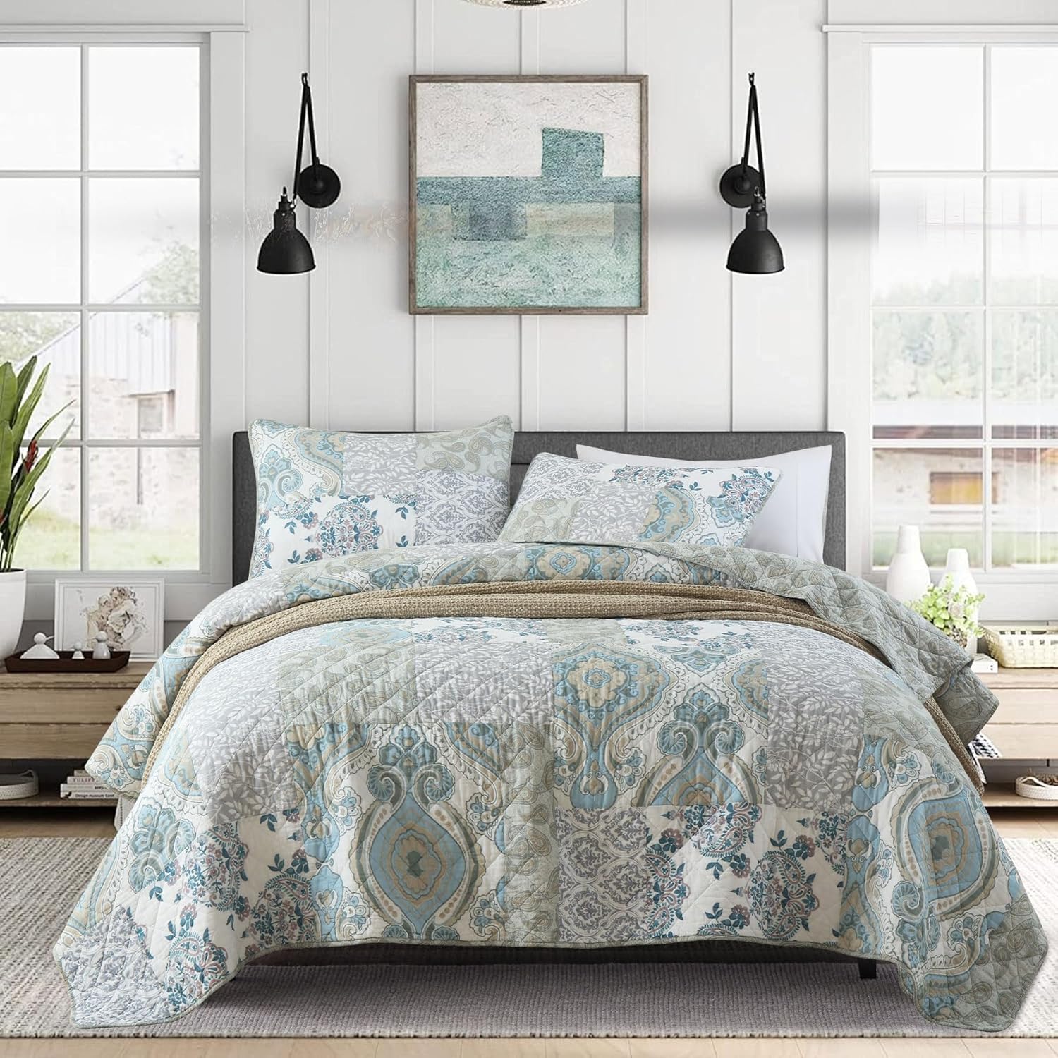 Secgo Queen Comforter Set for Bed - 100% Cotton Quilts Queen Size, Green, Sage Bedspreads (90 * 98 Inch) with 2 Pillow Shams, Patchwork Reversible Lightweight Bedding