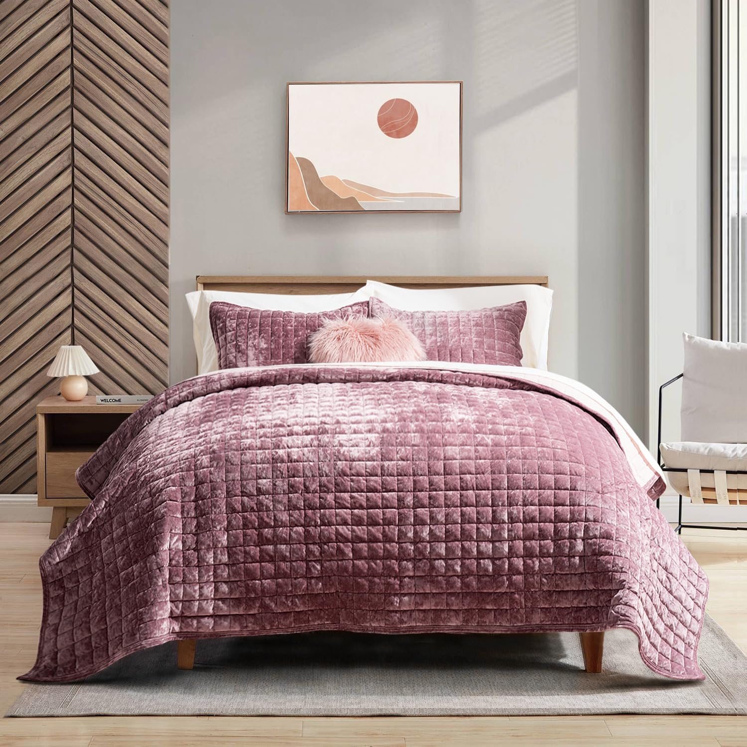 RECYCO Luxury Velvet Quilt Set King Size Bedding Sets, Ultra Soft Velvet Comforter Set, Lightweight Channel Box Stitch Oversized Bedspread Coverlet for All Season, with 2 Shams, Urban Taupe