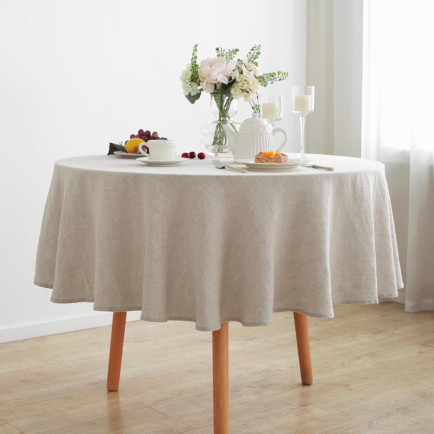 Linen World Linen Tablecloth,100% French Linen Round Tablecloth 60" Inch,Washable Natural Tablecloth for Dining,Outdoor,Weddings and Restaurants,Decorative Thanksgiving Christmas