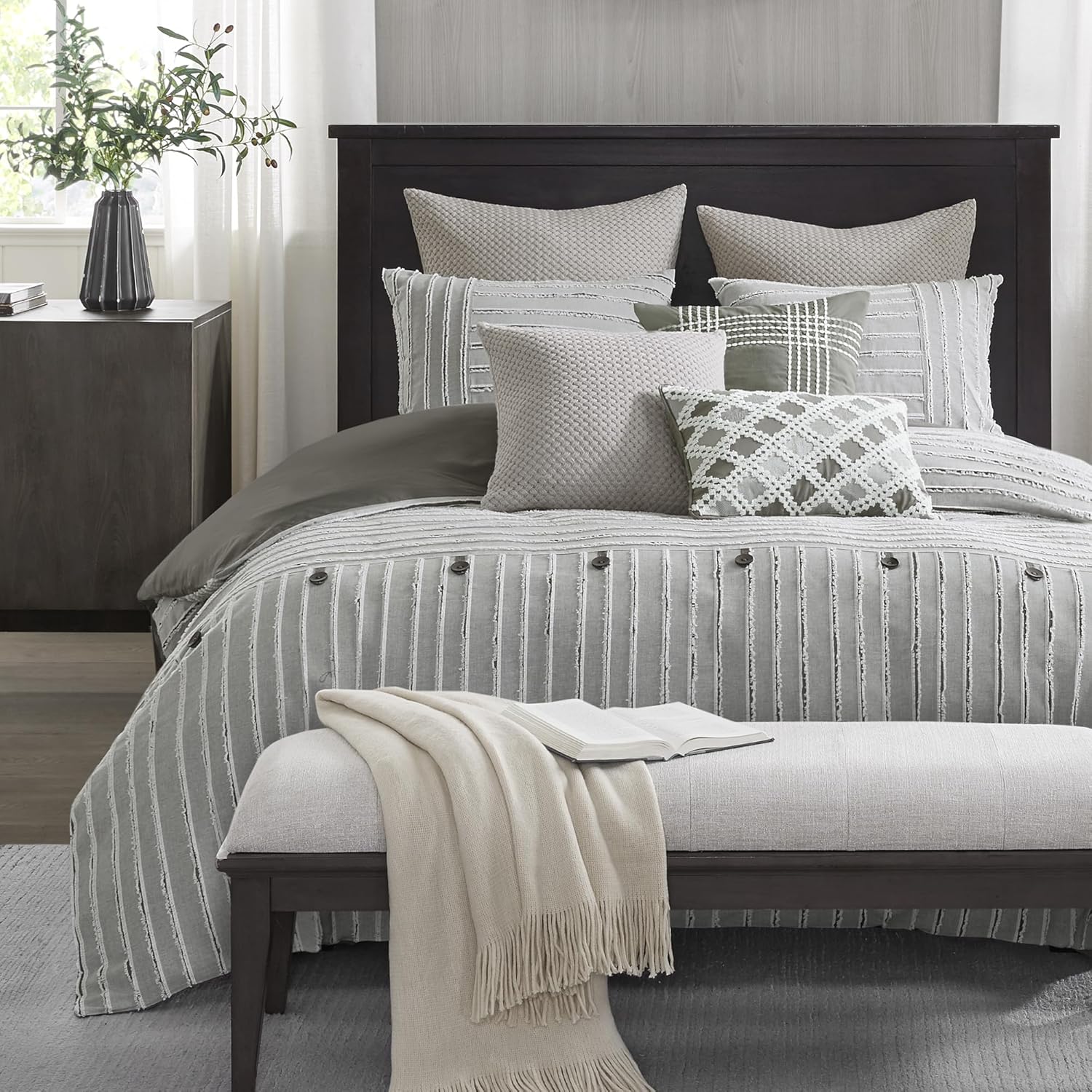 Madison Park King Comforter Set Clipped Jacquard Stripes with Buttons Boho Comforter for a King-Size Bed, Cotton Oversized Comforters with Removable Cover Boho Bedding, King Ivory 9 Piece