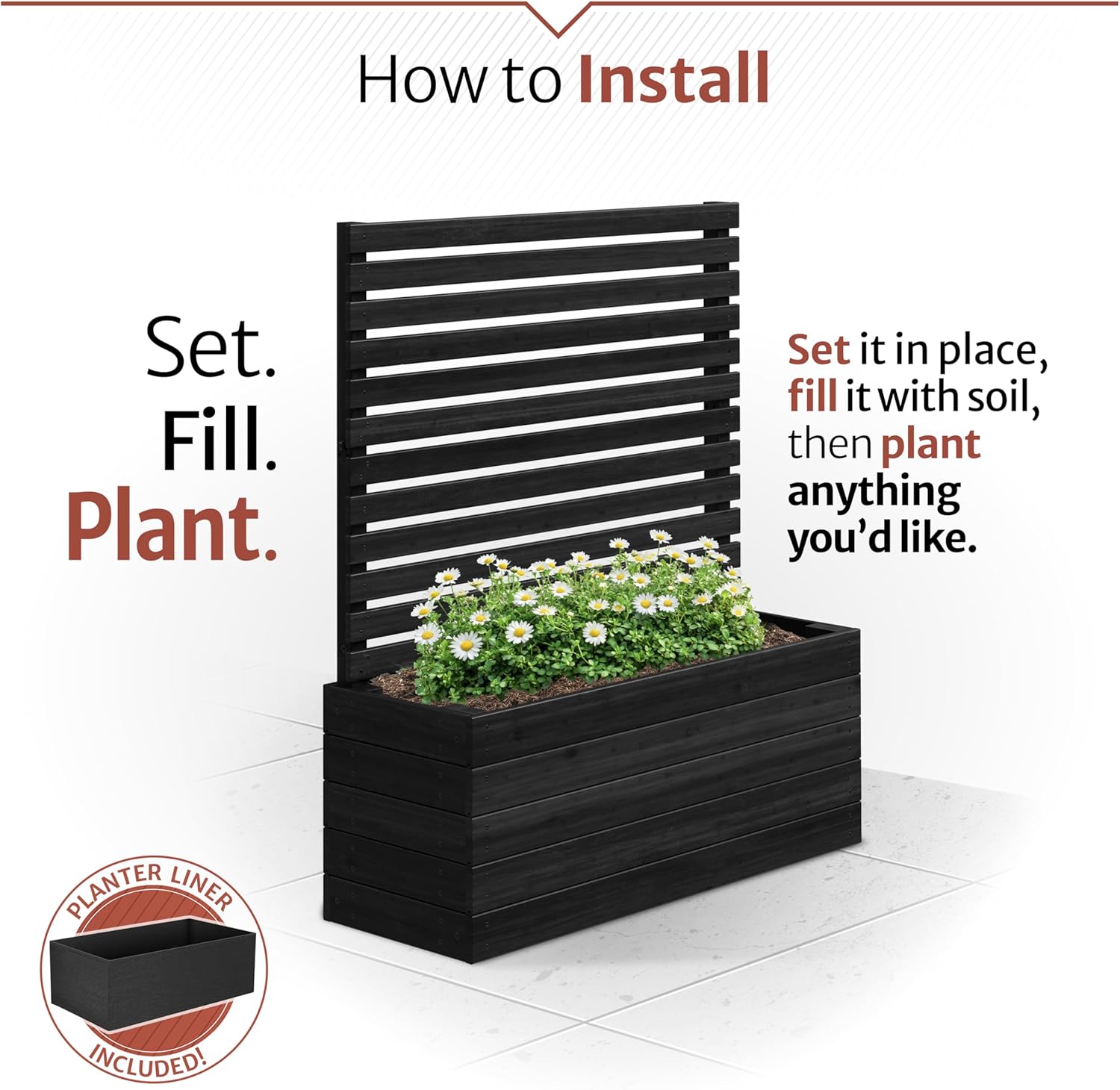 4 ft H x 3.5 ft W x 1.2 ft L Enclo Wood Privacy Screen with Planter Box, Raised Garden Bed with Trellis for Climbing Plants Outdoor, Privacy Planter for Patio, Balcony or Deck, Tacoma Charcoal EC18048