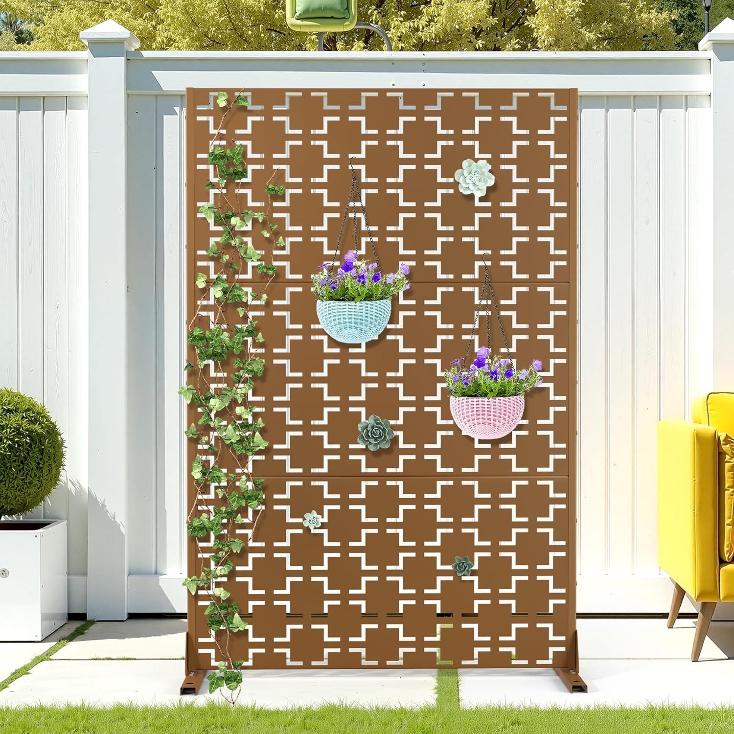 Metal Privacy Screen Outdoor Privacy Screen, Freestanding Fence Panel for Outside, 72''H×47''W, Decorative Screen Panel for Backyard/Patio/Deck