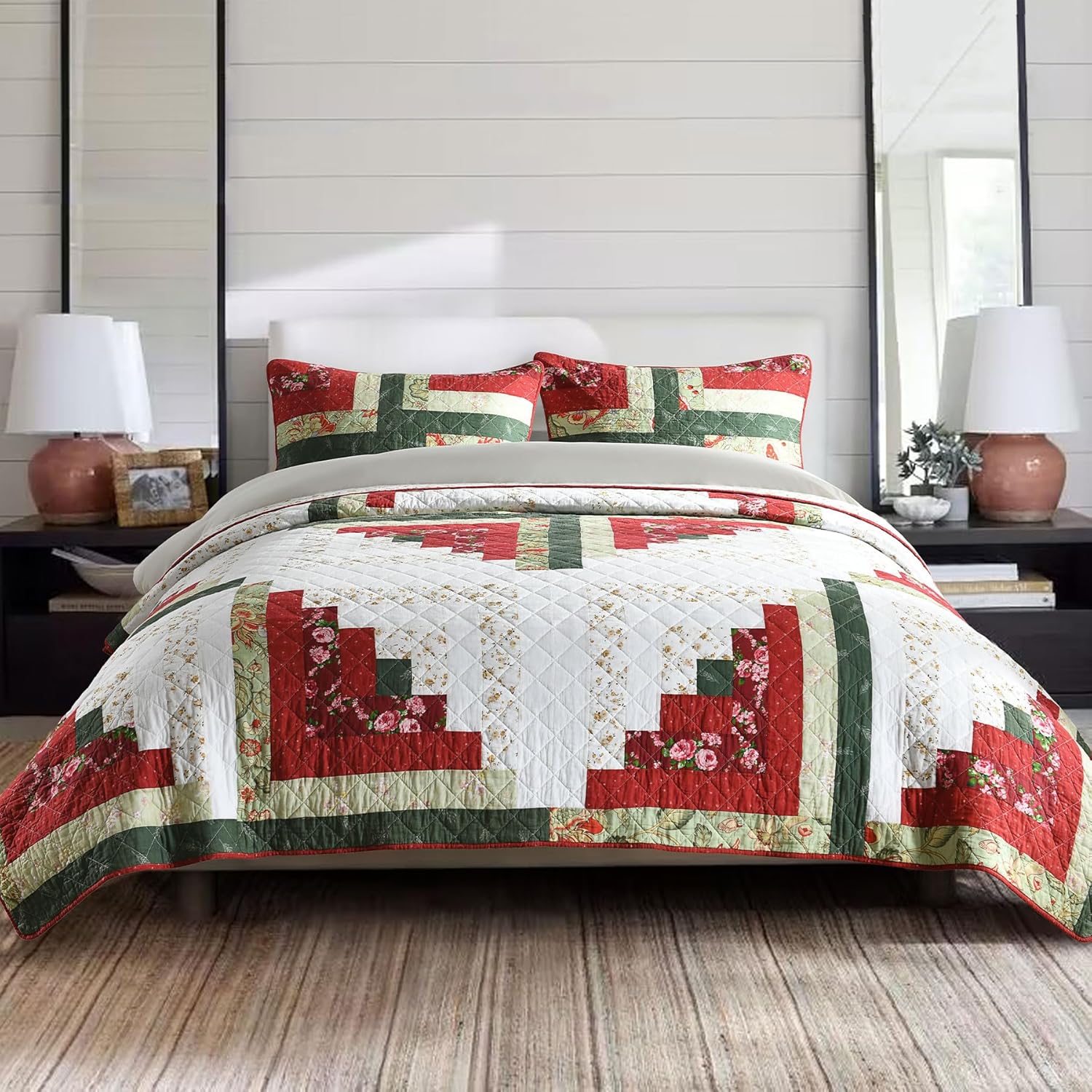 Secgo Queen Comforter Set for Bed - 100% Cotton Quilts Queen Size, Green, Sage Bedspreads (90 * 98 Inch) with 2 Pillow Shams, Patchwork Reversible Lightweight Bedding