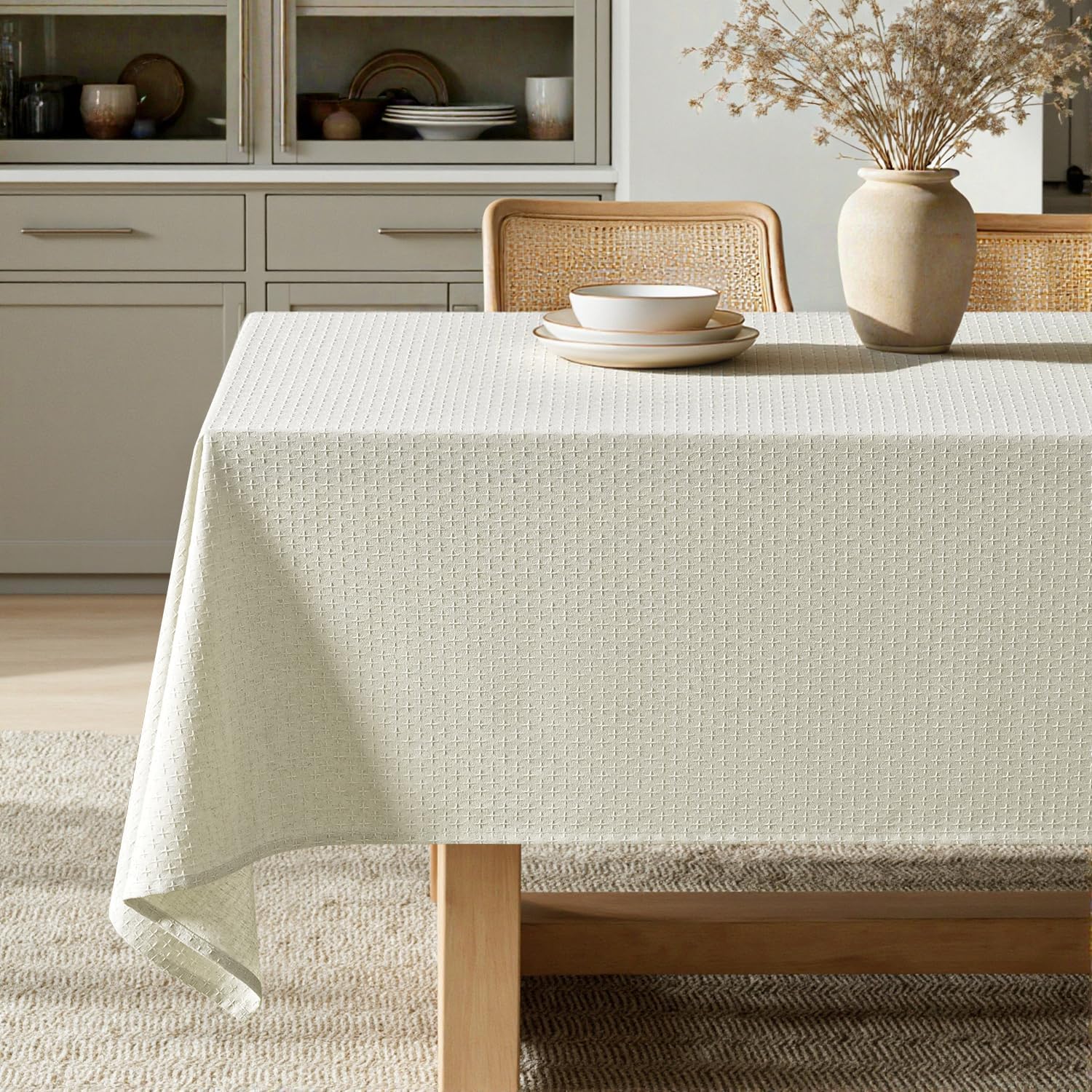 MIULEE Ivory Linen Cottton Table Cloth Rectangle Tablecloth Waterproof Spillproof Cross-Star Textured Table Cltoth Decorative Farmhouse Style for Dining Party Weddings 60x120 Inch