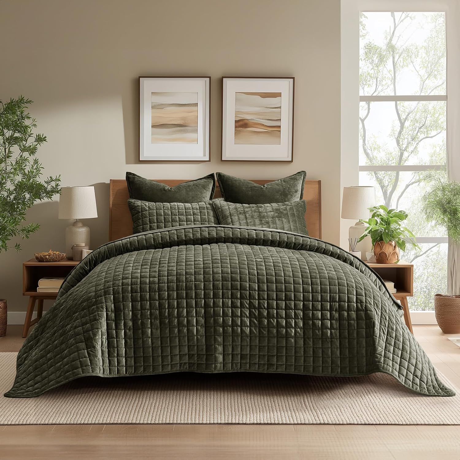 RECYCO Luxury Velvet Quilt Set King Size Bedding Sets, Ultra Soft Velvet Comforter Set, Lightweight Channel Box Stitch Oversized Bedspread Coverlet for All Season, with 2 Shams, Urban Taupe