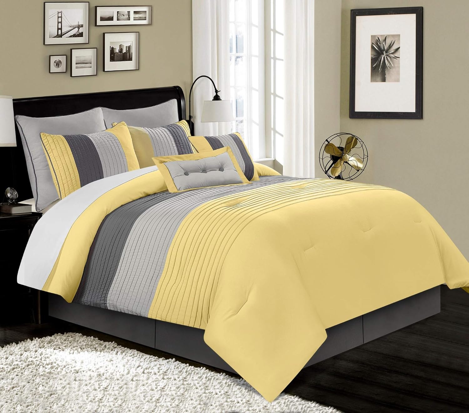Chezmoi Collection Loft 8-Piece Luxury Striped Comforter Set (Queen, Black/Gray/White)
