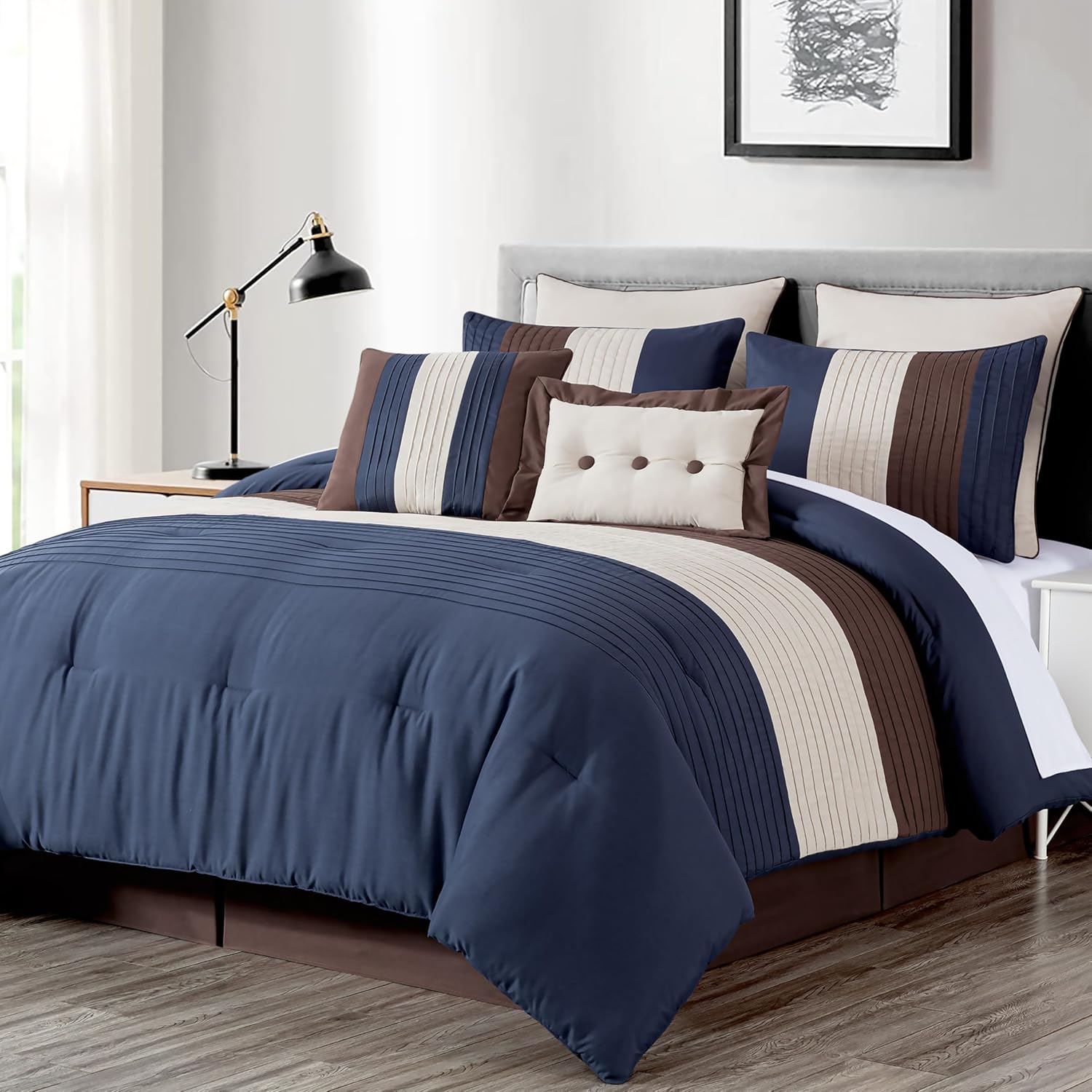Chezmoi Collection Loft 8-Piece Luxury Striped Comforter Set (Queen, Black/Gray/White)