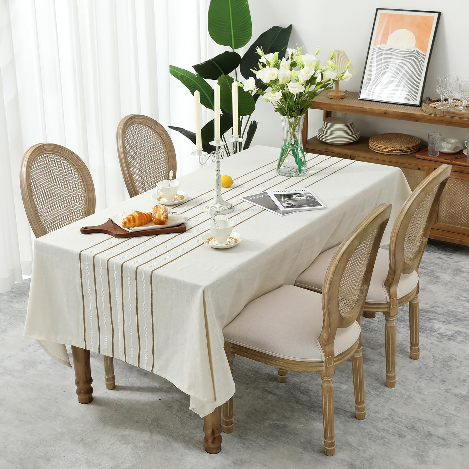Chassic 60 x 120 inches Farmhouse Style Linen tablecloths, Boho 8 Foot Long Wrinkle Resistant Washable Rectangle Table Cloth for Dining Room, Kitchen, Wedding and Holiday Decorative - Cream