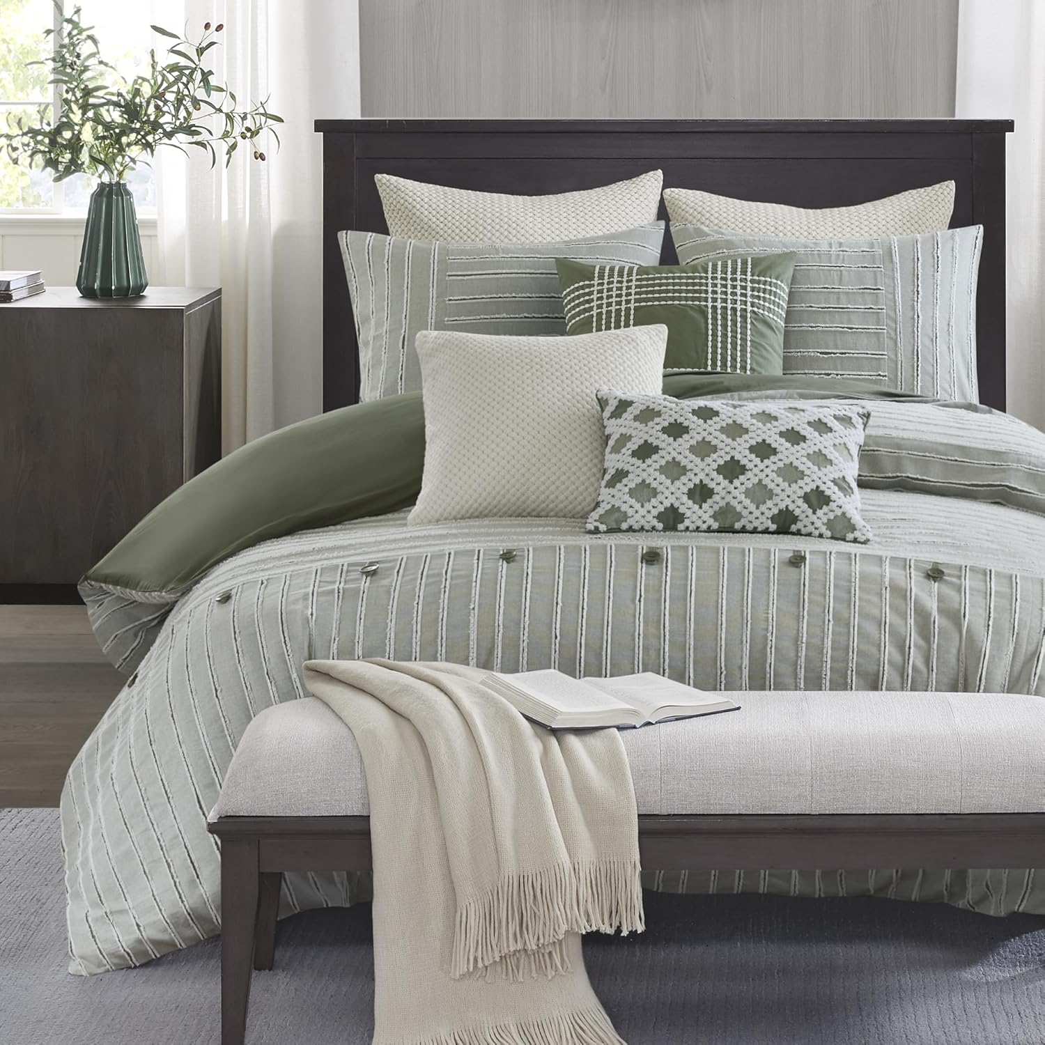Madison Park King Comforter Set Clipped Jacquard Stripes with Buttons Boho Comforter for a King-Size Bed, Cotton Oversized Comforters with Removable Cover Boho Bedding, King Ivory 9 Piece