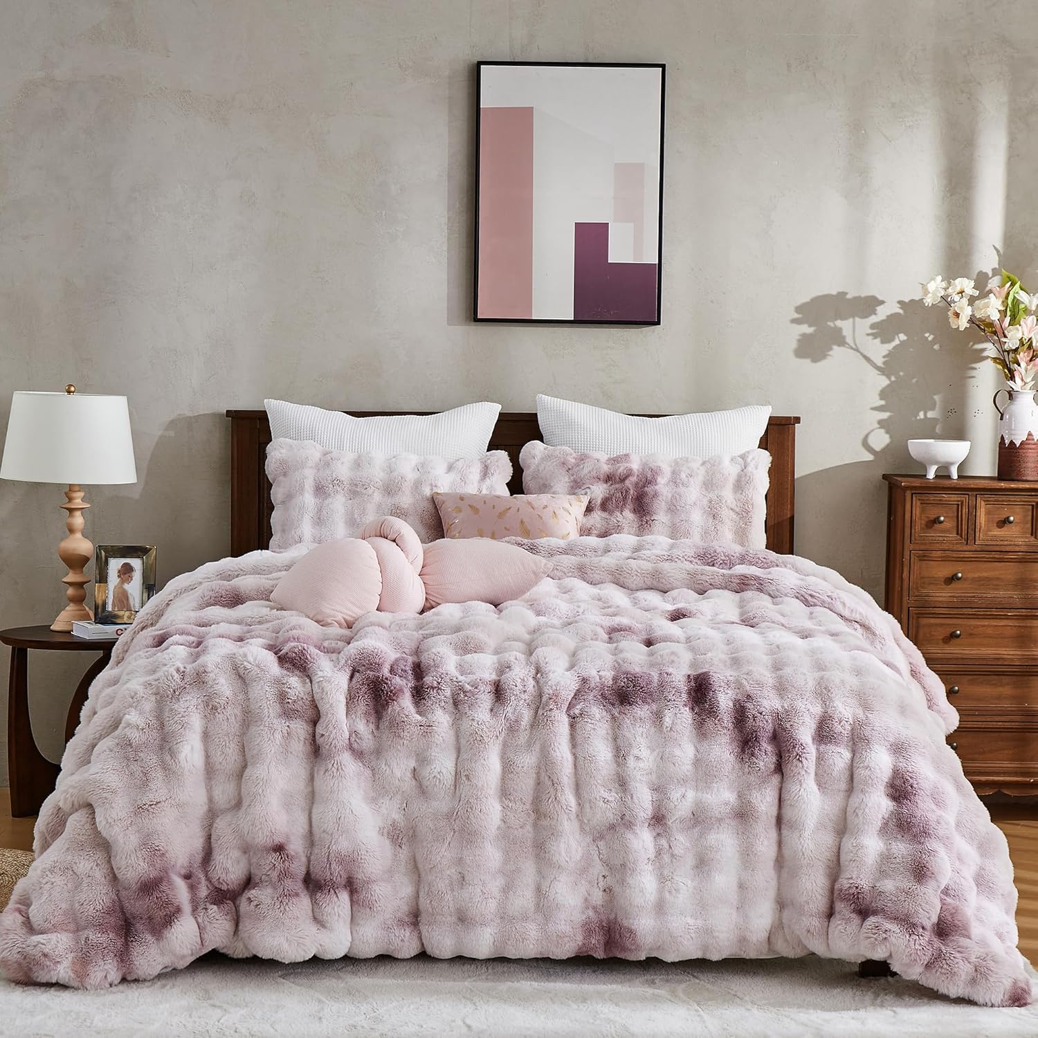 Wonderful 3 Pieces Fluffy Faux Rabbit Fur Bubble Comforter Set Queen Size, Tie-Dyeing Multiple Grey Plush Fuzzy Bedding Set, Warm Soft Bubble Comforter Bedding Set for Winter