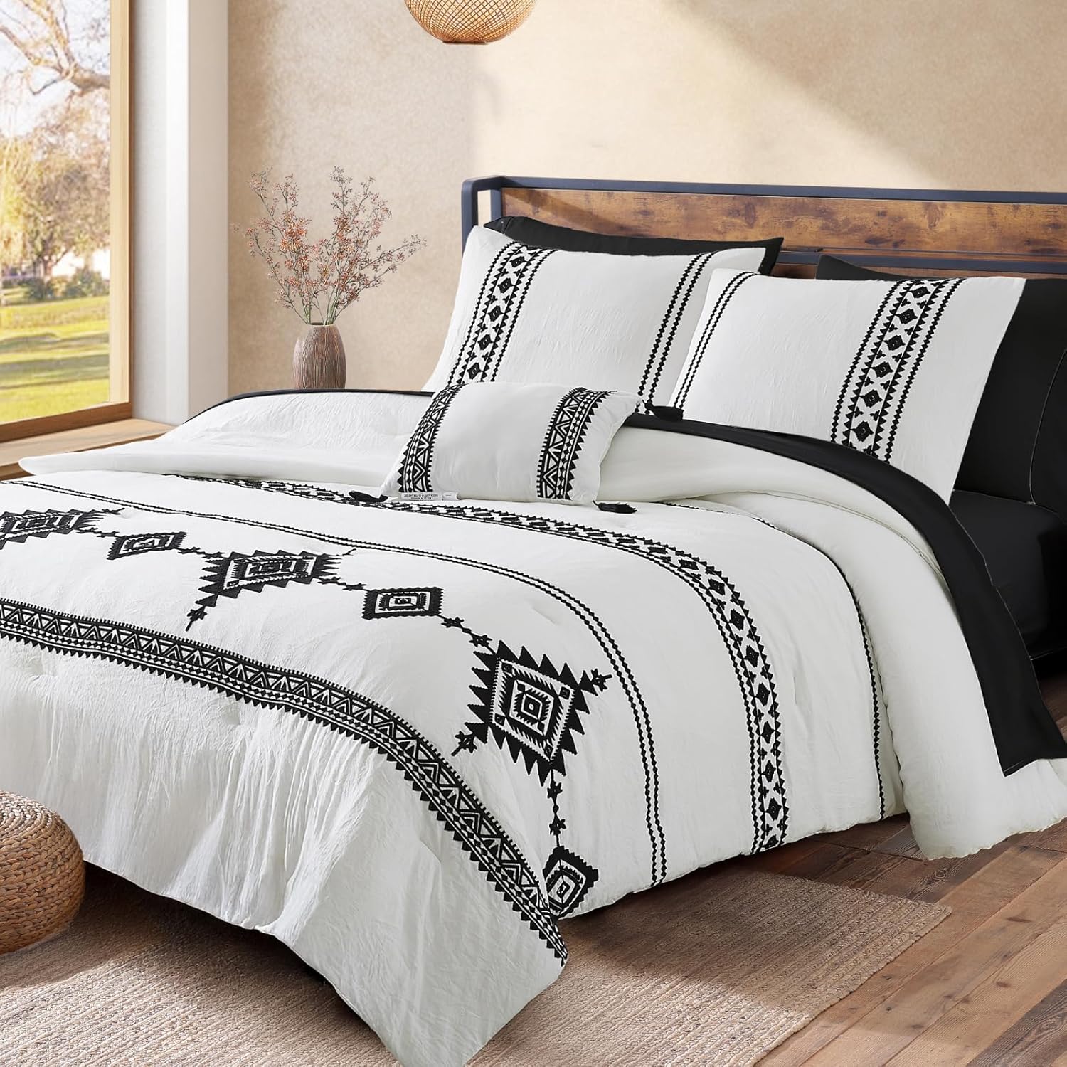 MaiRêve Embroidery Comforter Sets King Size Olive Green - 7 Pieces, Farmhouse Western Bedding Comforter Set, All Season Bed in A Bag King with Sheets, Comforters, Pillowcases & Shams