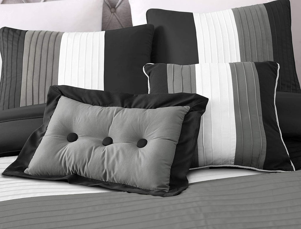 Chezmoi Collection Loft 8-Piece Luxury Striped Comforter Set (Queen, Black/Gray/White)