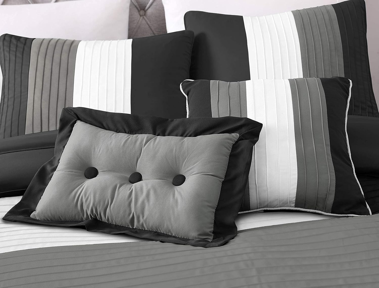 Chezmoi Collection Loft 8-Piece Luxury Striped Comforter Set (Queen, Black/Gray/White)