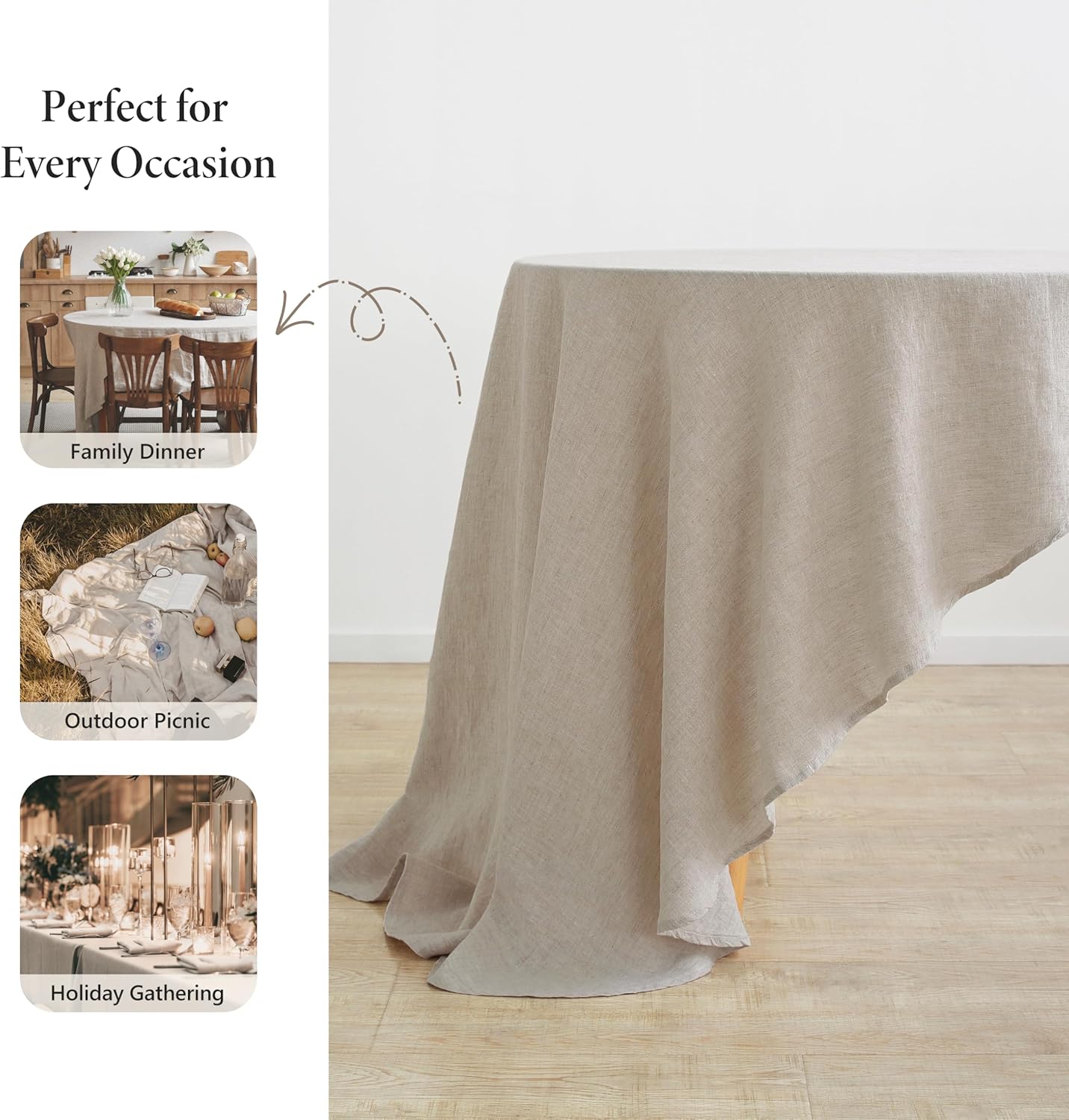Linen World Linen Tablecloth,100% French Linen Round Tablecloth 60" Inch,Washable Natural Tablecloth for Dining,Outdoor,Weddings and Restaurants,Decorative Thanksgiving Christmas