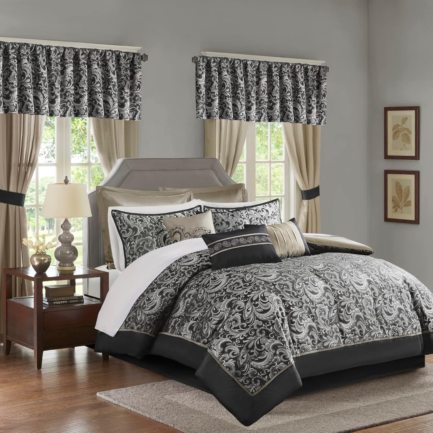 Madison Park 24 Piece Faux Silk Paisley Queen Comforter Set with Matching Curtains, Down Alternative Hypoallergenic - Teal, Queen (90 in x 90 in)