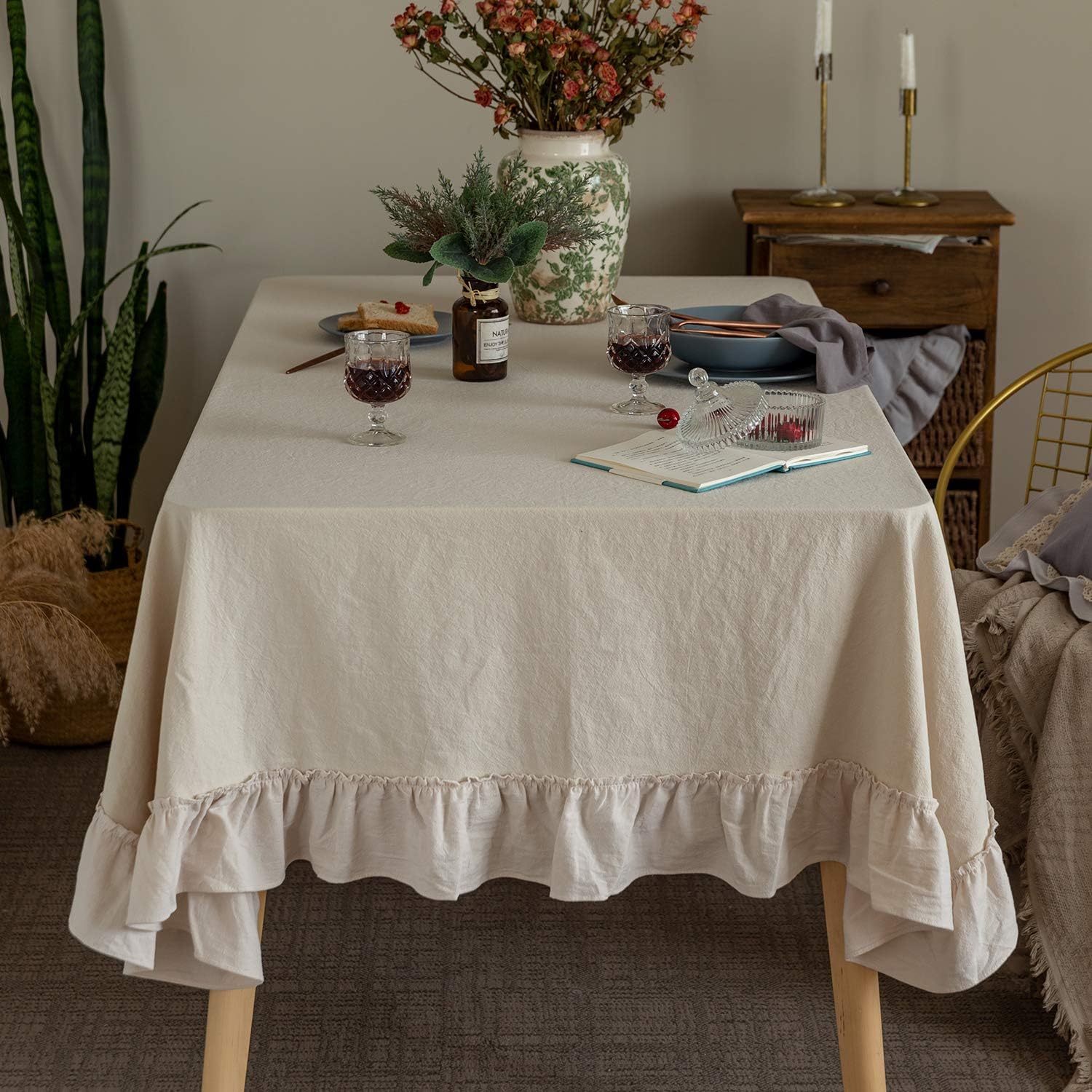 Retro Farmhouse Ruffle Tablecloth Cotton Flounces Trim Washable Table Cover Tablecloths for Rectangle Table Baby Shower Kitchen Party Wedding Decor,60''x120''