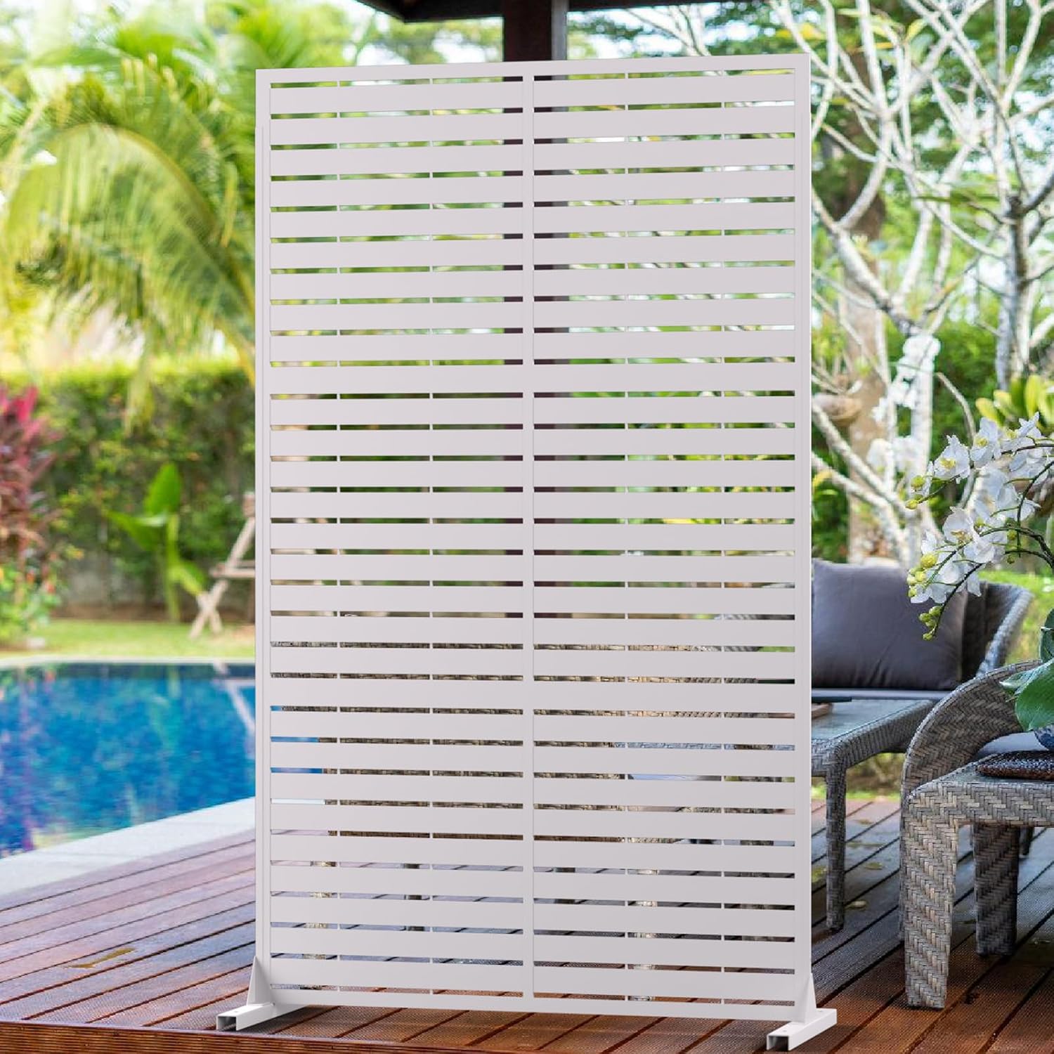 6FT Outdoor Metal Privacy Screen – Decorative Privacy Fence and Room/Garden Divider, Weather-Resistant Freestanding Panel with Stand, Durable Steel for Patio, Garden, Balcony, or Backyard