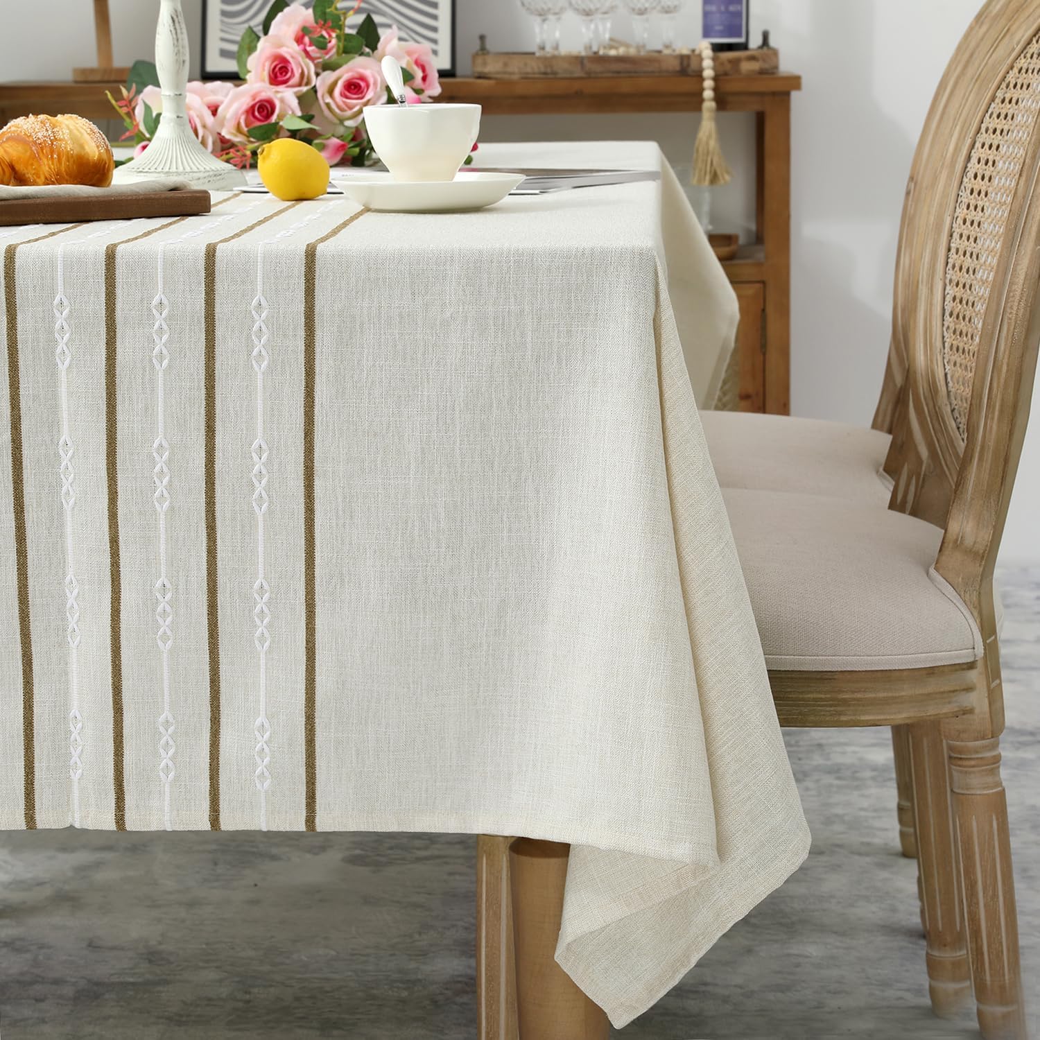Chassic 60 x 120 inches Farmhouse Style Linen tablecloths, Boho 8 Foot Long Wrinkle Resistant Washable Rectangle Table Cloth for Dining Room, Kitchen, Wedding and Holiday Decorative - Cream