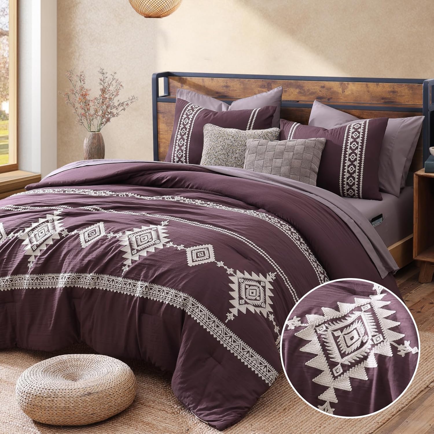 MaiRêve Embroidery Comforter Sets King Size Olive Green - 7 Pieces, Farmhouse Western Bedding Comforter Set, All Season Bed in A Bag King with Sheets, Comforters, Pillowcases & Shams