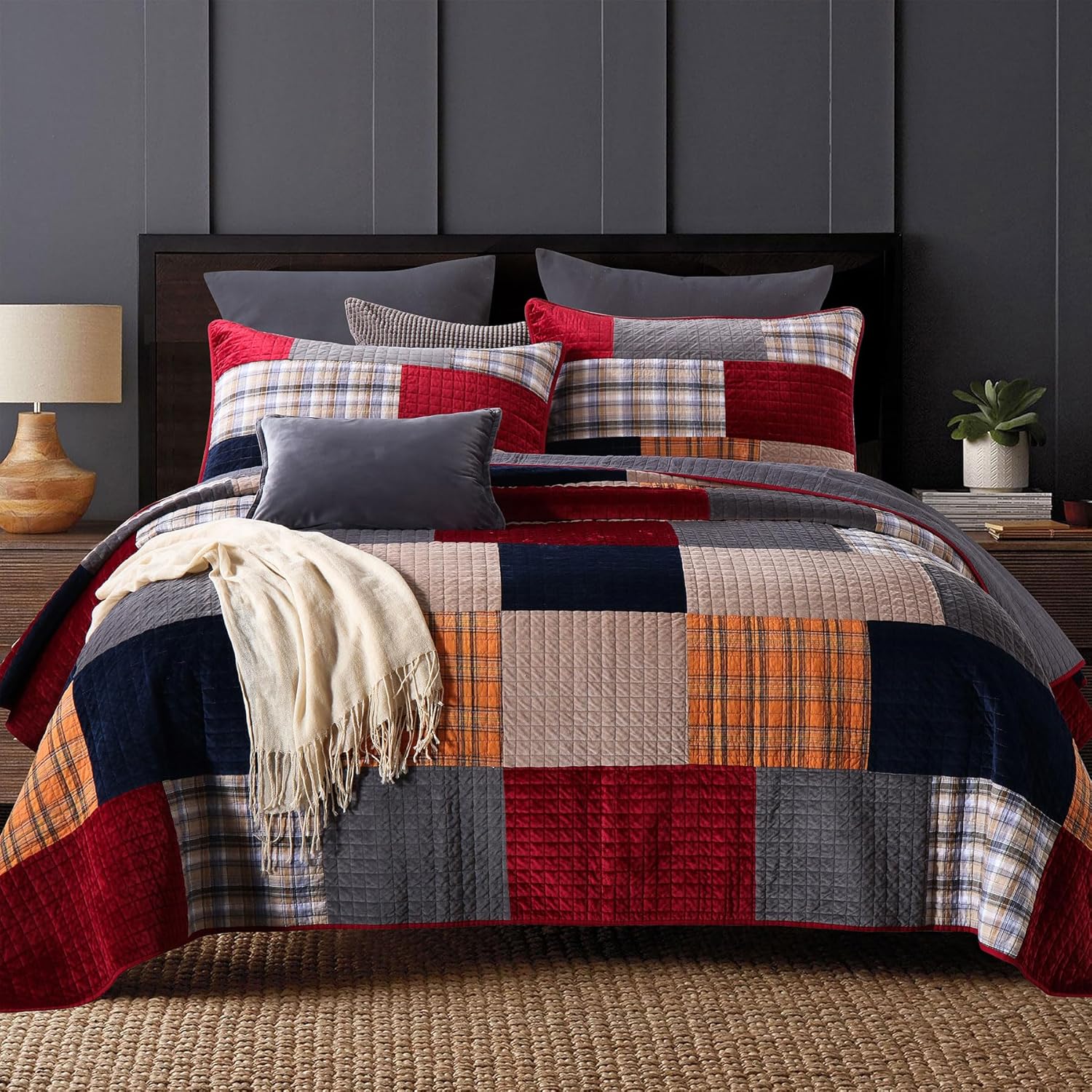 Secgo Queen Comforter Set for Bed - 100% Cotton Quilts Queen Size, Green, Sage Bedspreads (90 * 98 Inch) with 2 Pillow Shams, Patchwork Reversible Lightweight Bedding