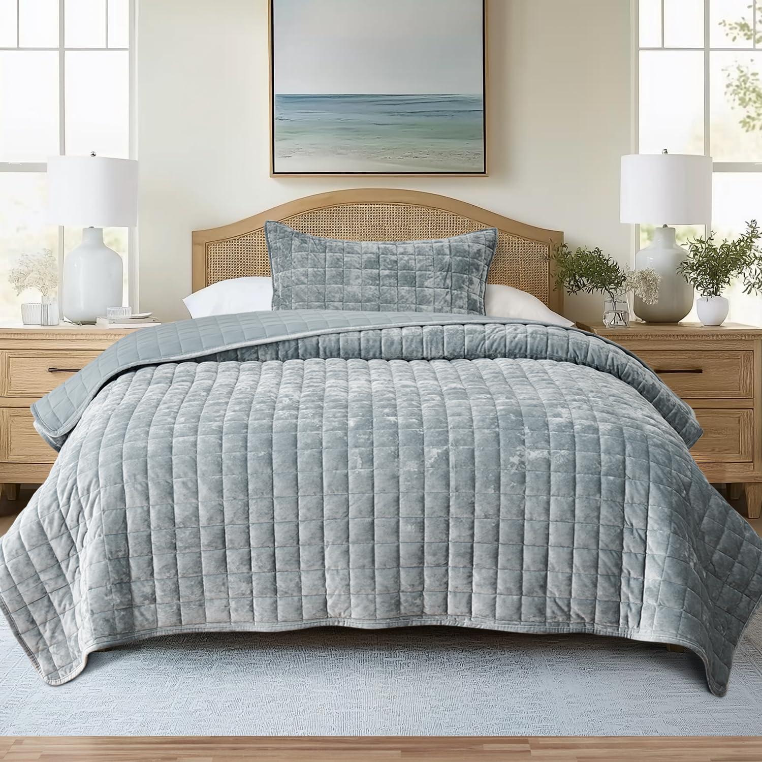 RECYCO Luxury Velvet Quilt Set King Size Bedding Sets, Ultra Soft Velvet Comforter Set, Lightweight Channel Box Stitch Oversized Bedspread Coverlet for All Season, with 2 Shams, Urban Taupe