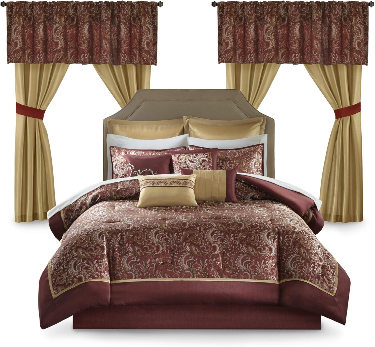 Madison Park 24 Piece Faux Silk Paisley Queen Comforter Set with Matching Curtains, Down Alternative Hypoallergenic - Teal, Queen (90 in x 90 in)