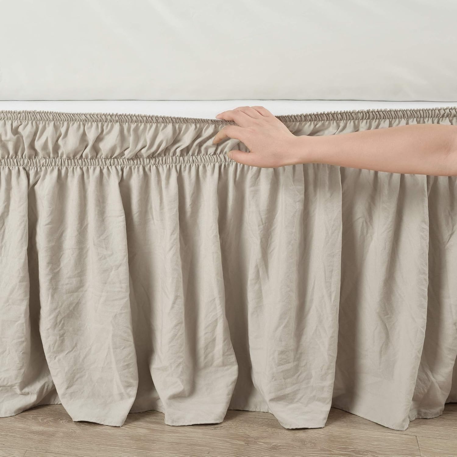 Lush Decor Ruched Ruffle Elastic Easy Wrap Around Bed Skirt Single Queen/King/Cal King Neutral - Queen Bed Skirt - Dust Ruffle - Tan Bedskirts