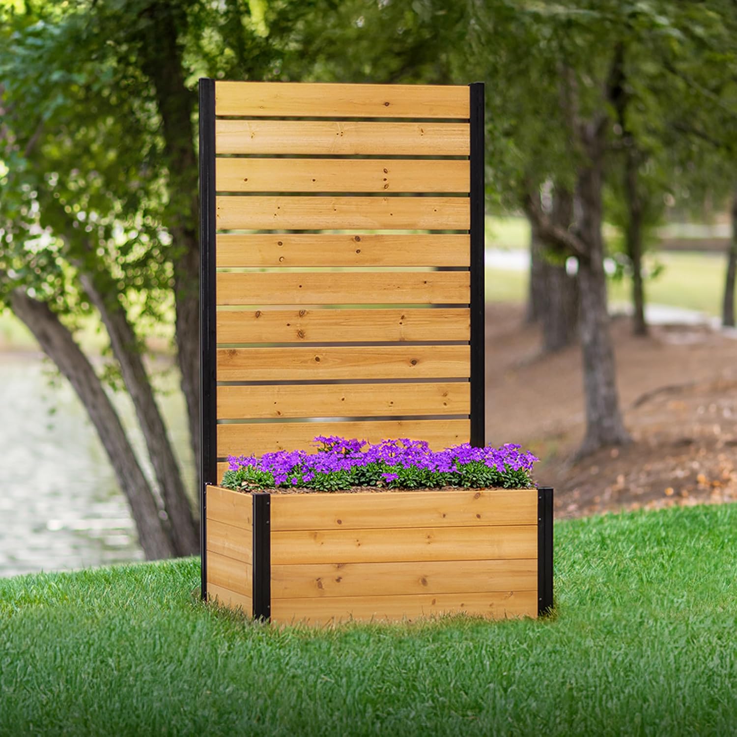 4 ft H x 3.5 ft W x 1.2 ft L Enclo Wood Privacy Screen with Planter Box, Raised Garden Bed with Trellis for Climbing Plants Outdoor, Privacy Planter for Patio, Balcony or Deck, Tacoma Charcoal EC18048