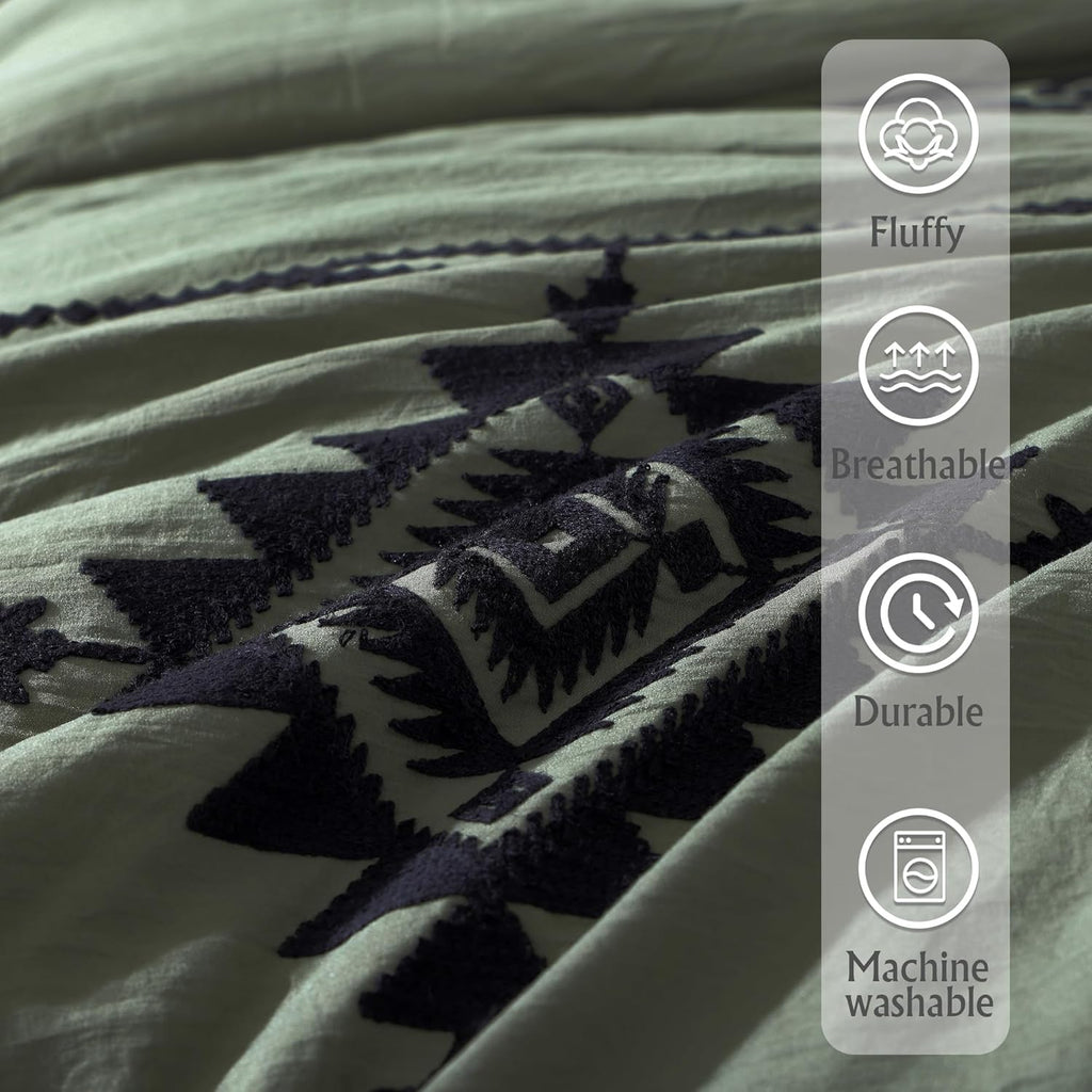 MaiRêve Embroidery Comforter Sets King Size Olive Green - 7 Pieces, Farmhouse Western Bedding Comforter Set, All Season Bed in A Bag King with Sheets, Comforters, Pillowcases & Shams