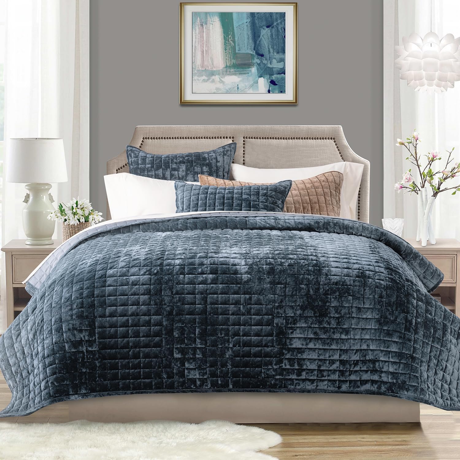 RECYCO Luxury Velvet Quilt Set King Size Bedding Sets, Ultra Soft Velvet Comforter Set, Lightweight Channel Box Stitch Oversized Bedspread Coverlet for All Season, with 2 Shams, Urban Taupe