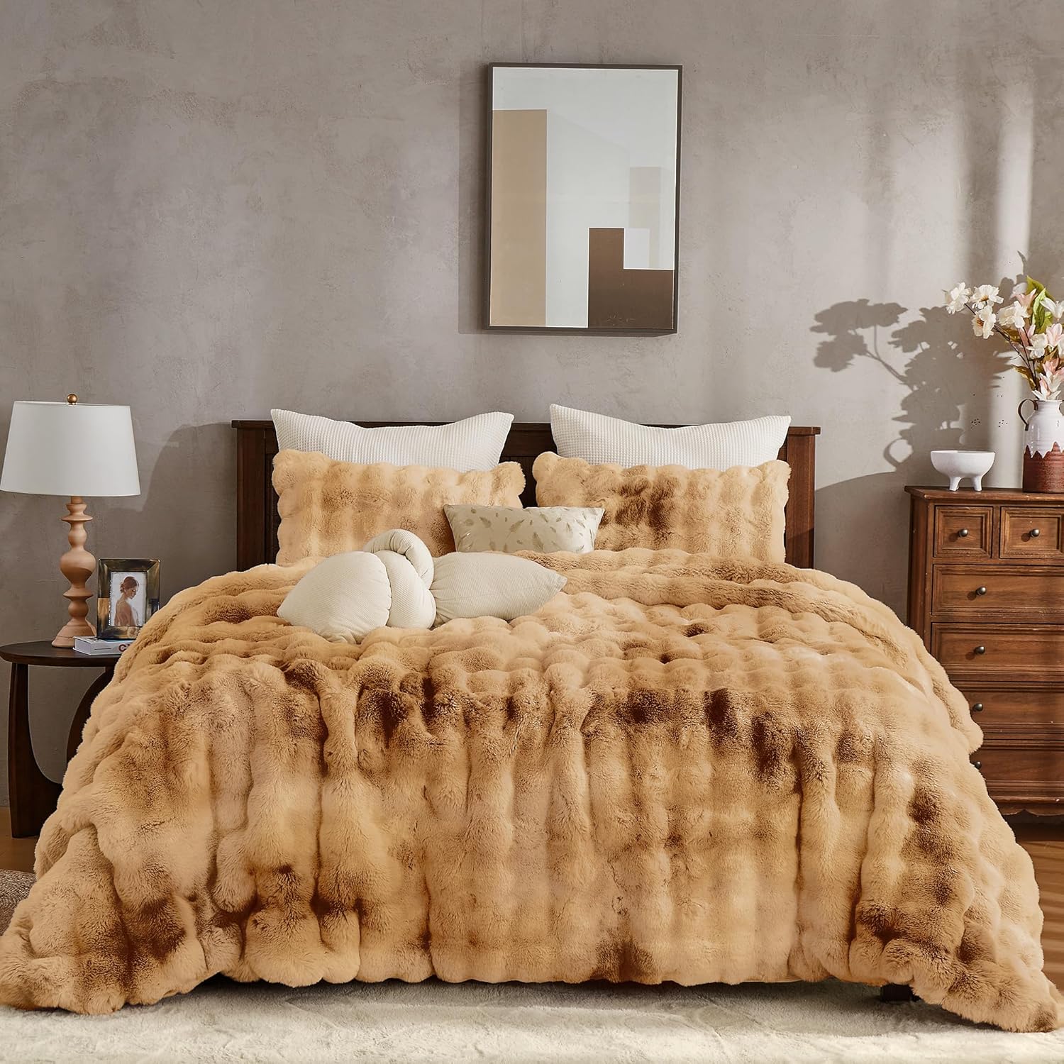 Wonderful 3 Pieces Fluffy Faux Rabbit Fur Bubble Comforter Set Queen Size, Tie-Dyeing Multiple Grey Plush Fuzzy Bedding Set, Warm Soft Bubble Comforter Bedding Set for Winter