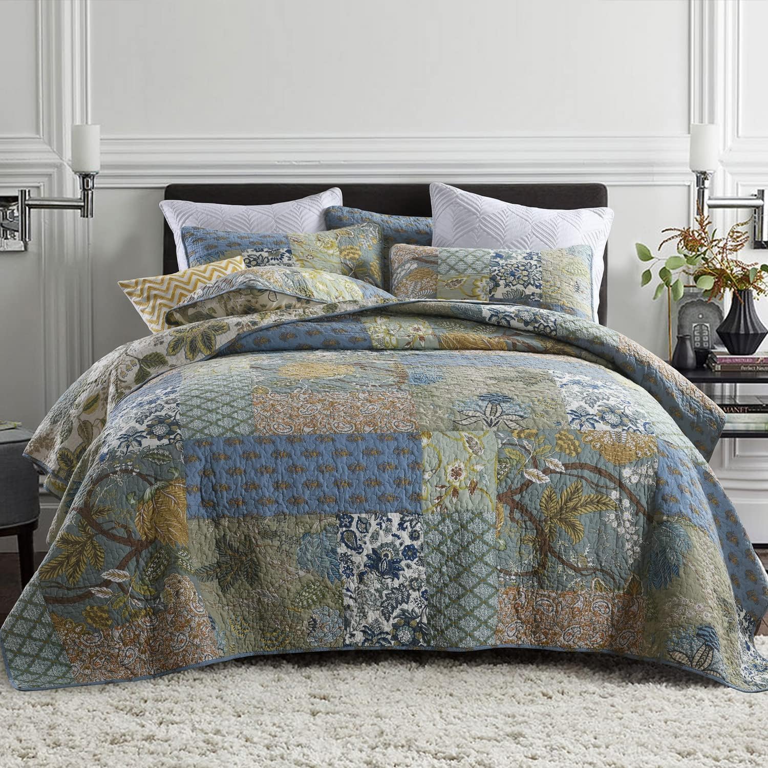 Secgo Queen Comforter Set for Bed - 100% Cotton Quilts Queen Size, Green, Sage Bedspreads (90 * 98 Inch) with 2 Pillow Shams, Patchwork Reversible Lightweight Bedding