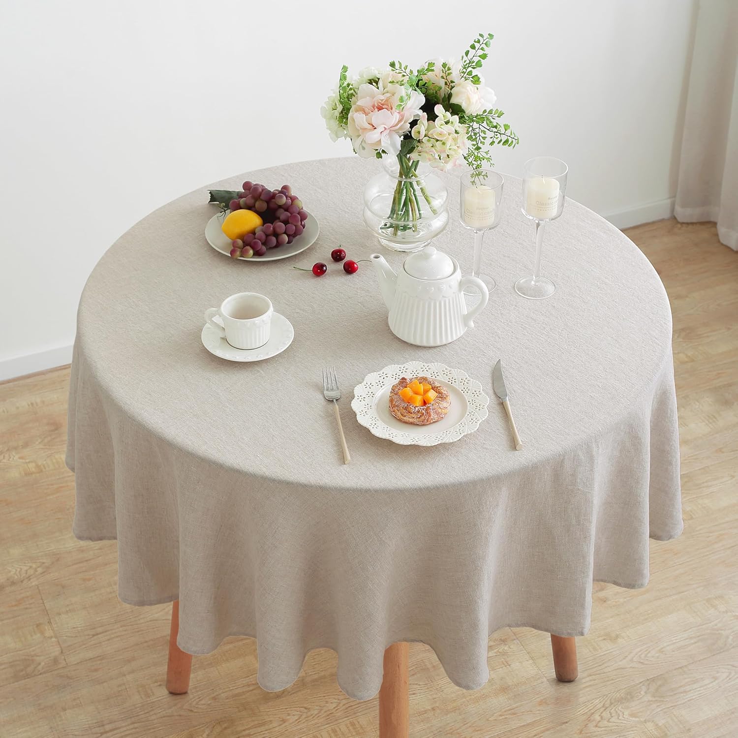 Linen World Linen Tablecloth,100% French Linen Round Tablecloth 60" Inch,Washable Natural Tablecloth for Dining,Outdoor,Weddings and Restaurants,Decorative Thanksgiving Christmas