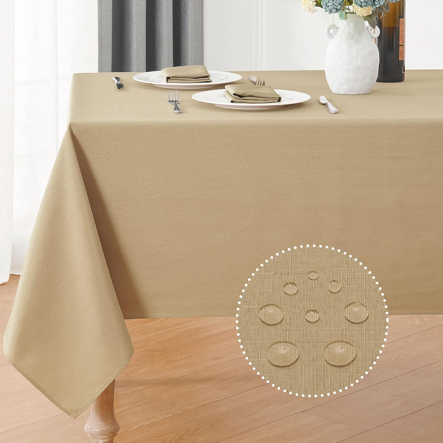 2 Pack Rectangle Tablecloth, 60x120 inch, Water Resistant Wrinkle Free Linen Textured Table Cloth Washable, Decorative Fabric Table Cover for Dining, Party and Camping, Beige