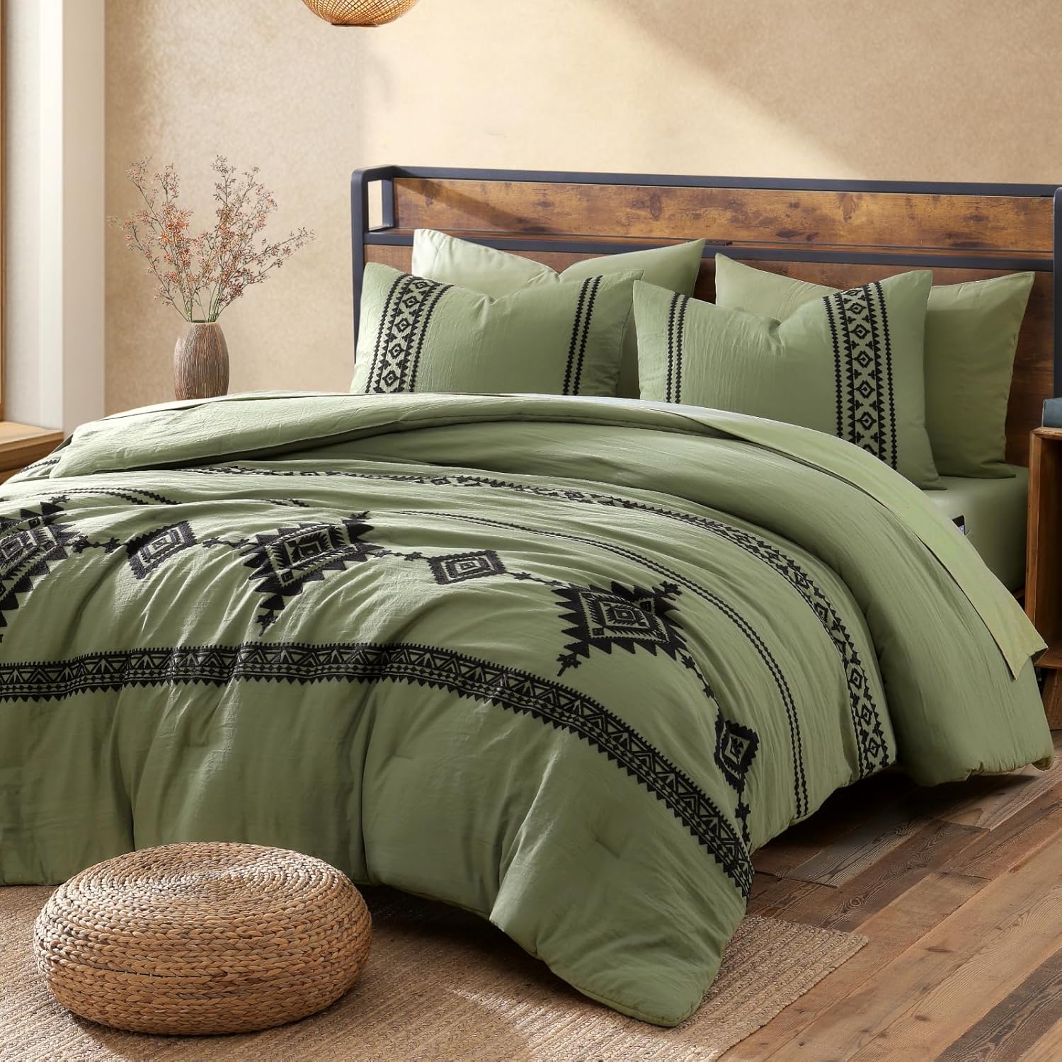 MaiRêve Embroidery Comforter Sets King Size Olive Green - 7 Pieces, Farmhouse Western Bedding Comforter Set, All Season Bed in A Bag King with Sheets, Comforters, Pillowcases & Shams