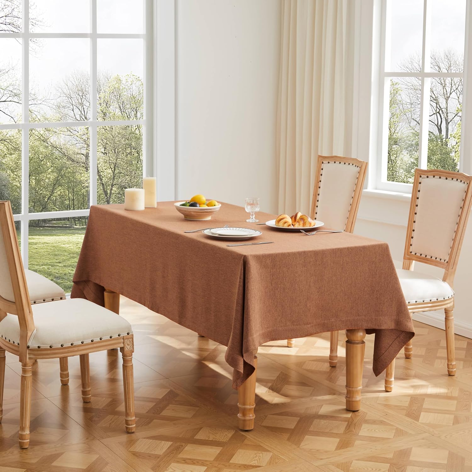 ZeeMart Basic Linen Textured Table Cloth, 60 x 120 Inch Natural, Farmhouse Style Beige Rectangle Tablecloth, Wrinkle Resistant Washable Heavy Weight TableCloths