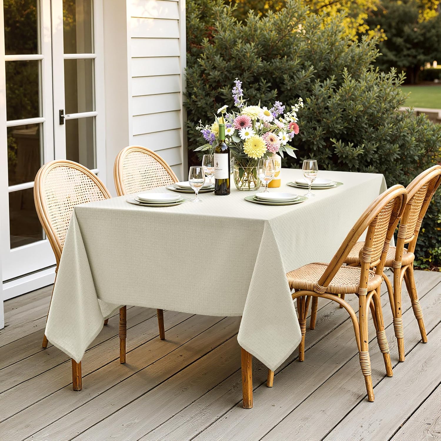 MIULEE Ivory Linen Cottton Table Cloth Rectangle Tablecloth Waterproof Spillproof Cross-Star Textured Table Cltoth Decorative Farmhouse Style for Dining Party Weddings 60x120 Inch