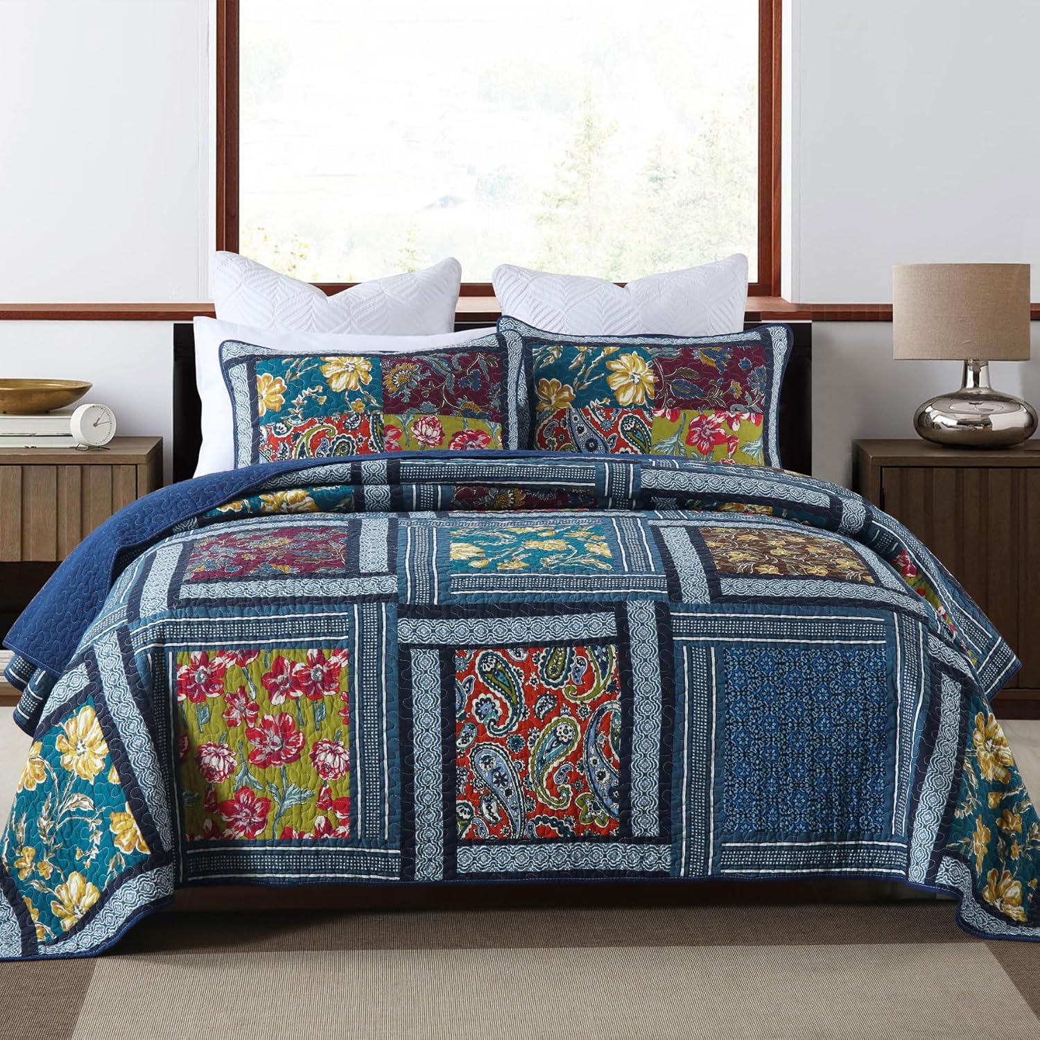 Secgo Queen Comforter Set for Bed - 100% Cotton Quilts Queen Size, Green, Sage Bedspreads (90 * 98 Inch) with 2 Pillow Shams, Patchwork Reversible Lightweight Bedding