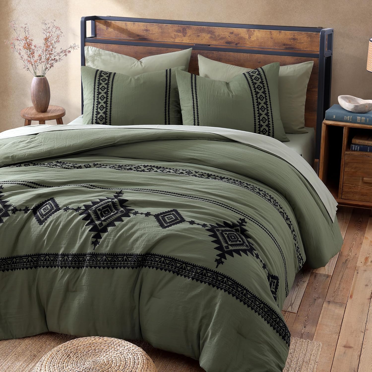 MaiRêve Embroidery Comforter Sets King Size Olive Green - 7 Pieces, Farmhouse Western Bedding Comforter Set, All Season Bed in A Bag King with Sheets, Comforters, Pillowcases & Shams
