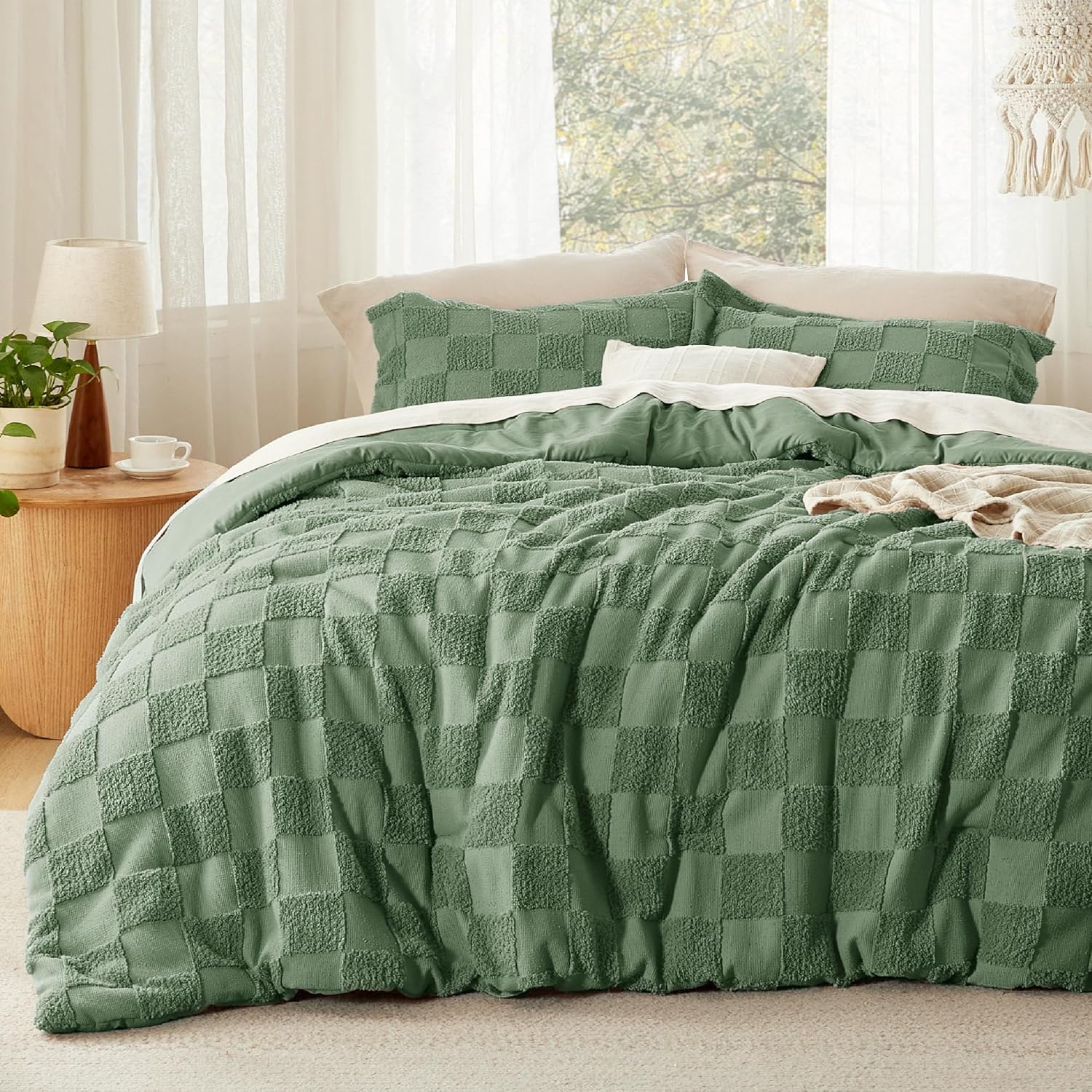 Bedsure King Size Comforter Set Beige, Boho Tufted Bed Set, Checkered Farmhouse Shabby Chic Bedding, 3 Pieces, 1 Plaid Geometric Comforter and 2 Pillow Shams
