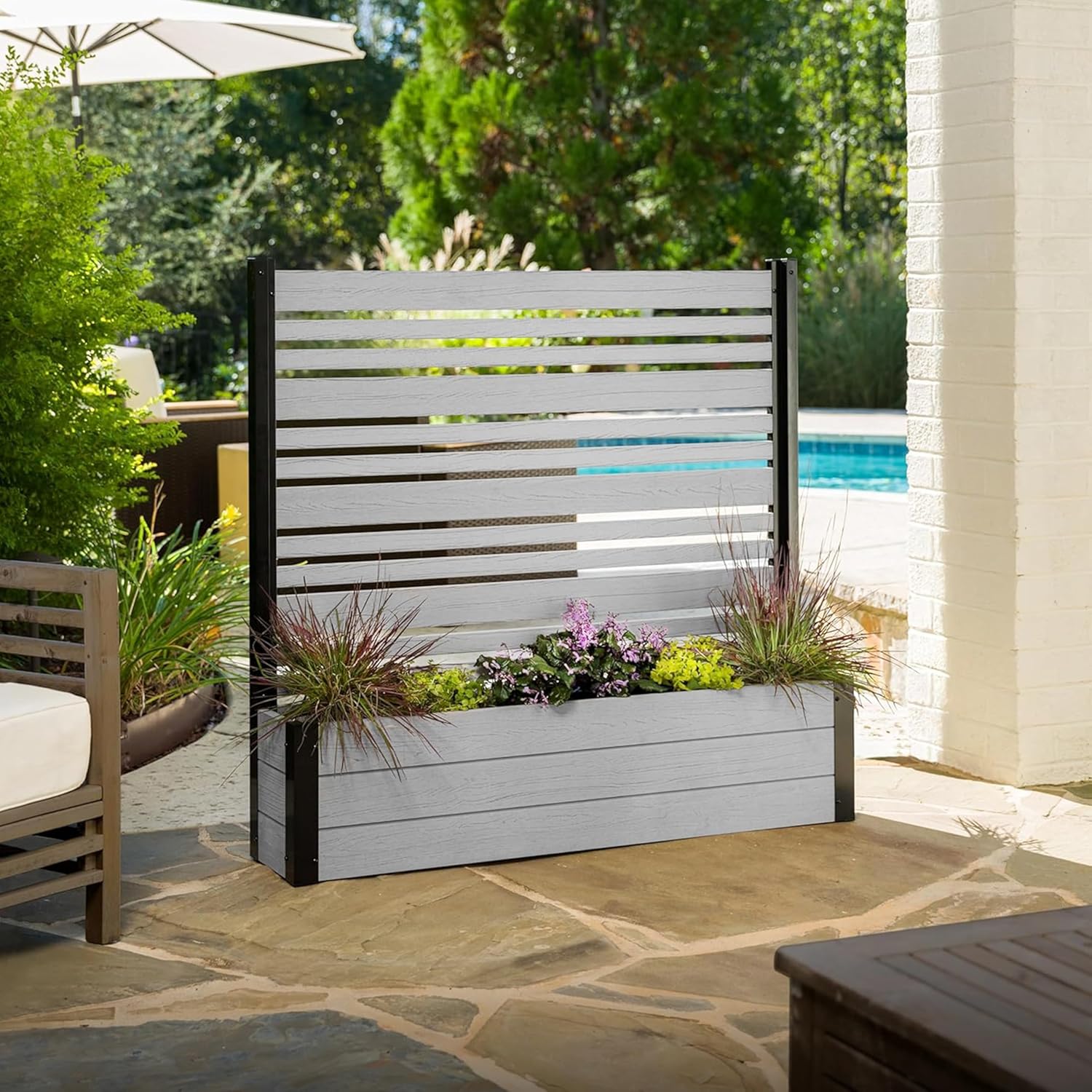 4 ft H x 3.5 ft W x 1.2 ft L Enclo Wood Privacy Screen with Planter Box, Raised Garden Bed with Trellis for Climbing Plants Outdoor, Privacy Planter for Patio, Balcony or Deck, Tacoma Charcoal EC18048