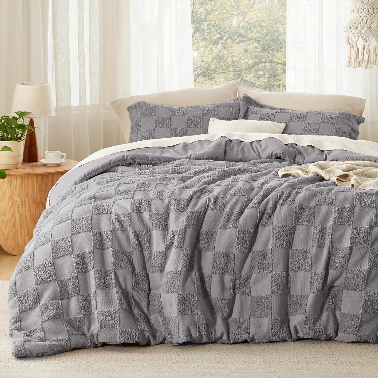 Bedsure King Size Comforter Set Beige, Boho Tufted Bed Set, Checkered Farmhouse Shabby Chic Bedding, 3 Pieces, 1 Plaid Geometric Comforter and 2 Pillow Shams