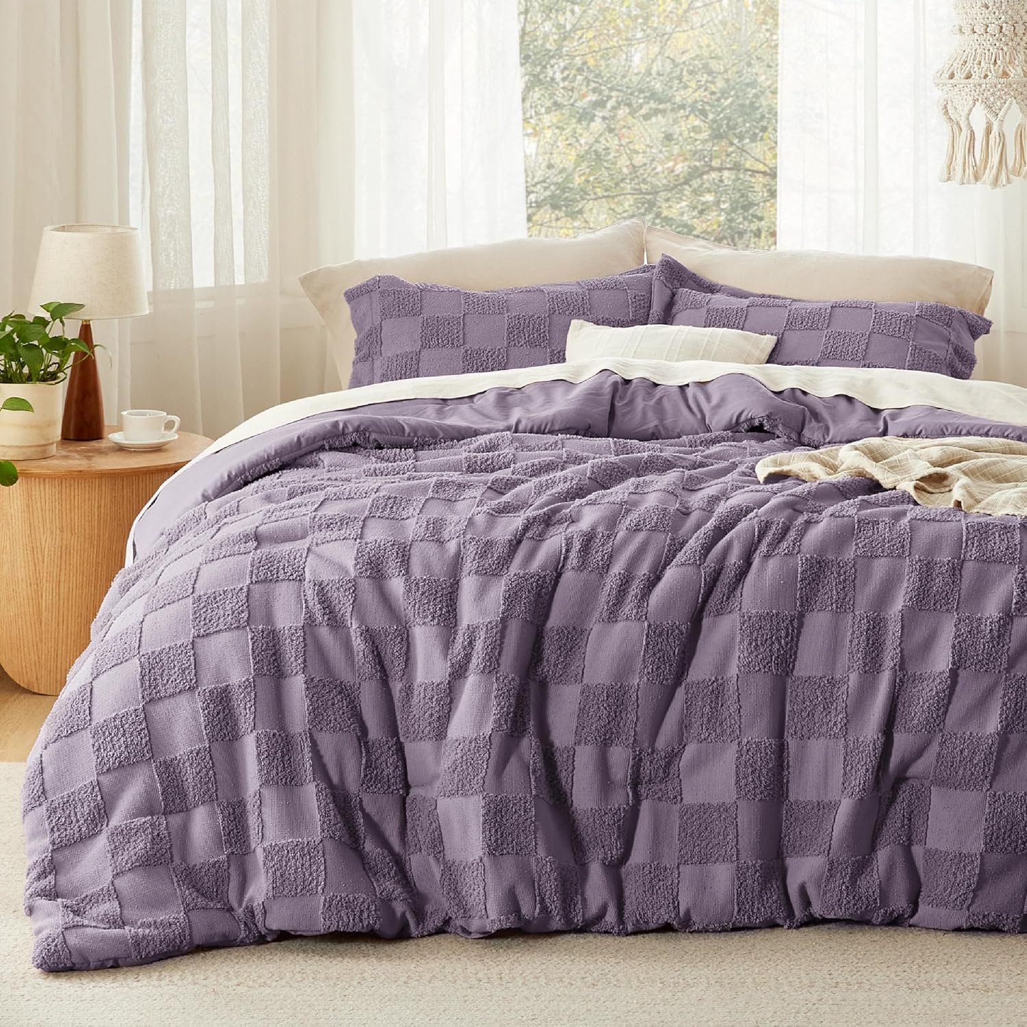 Bedsure King Size Comforter Set Beige, Boho Tufted Bed Set, Checkered Farmhouse Shabby Chic Bedding, 3 Pieces, 1 Plaid Geometric Comforter and 2 Pillow Shams